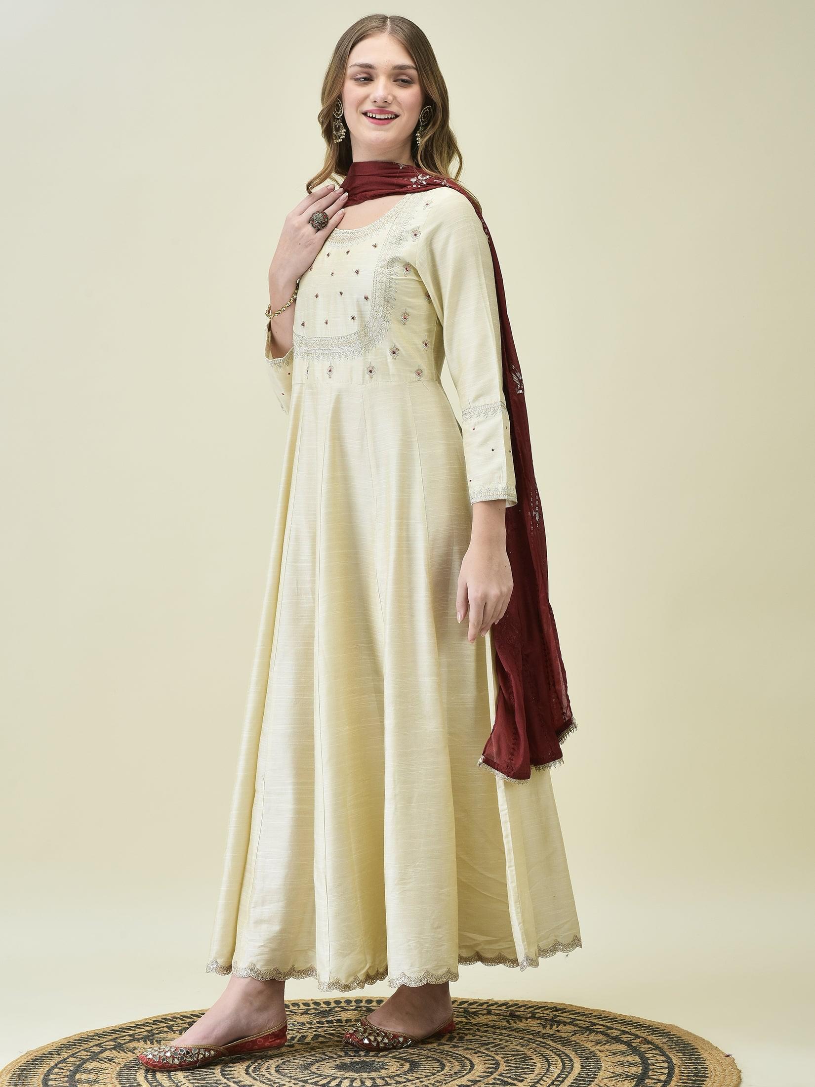 Women Silk Blend Beige Embroidered Dress With Dupatta.