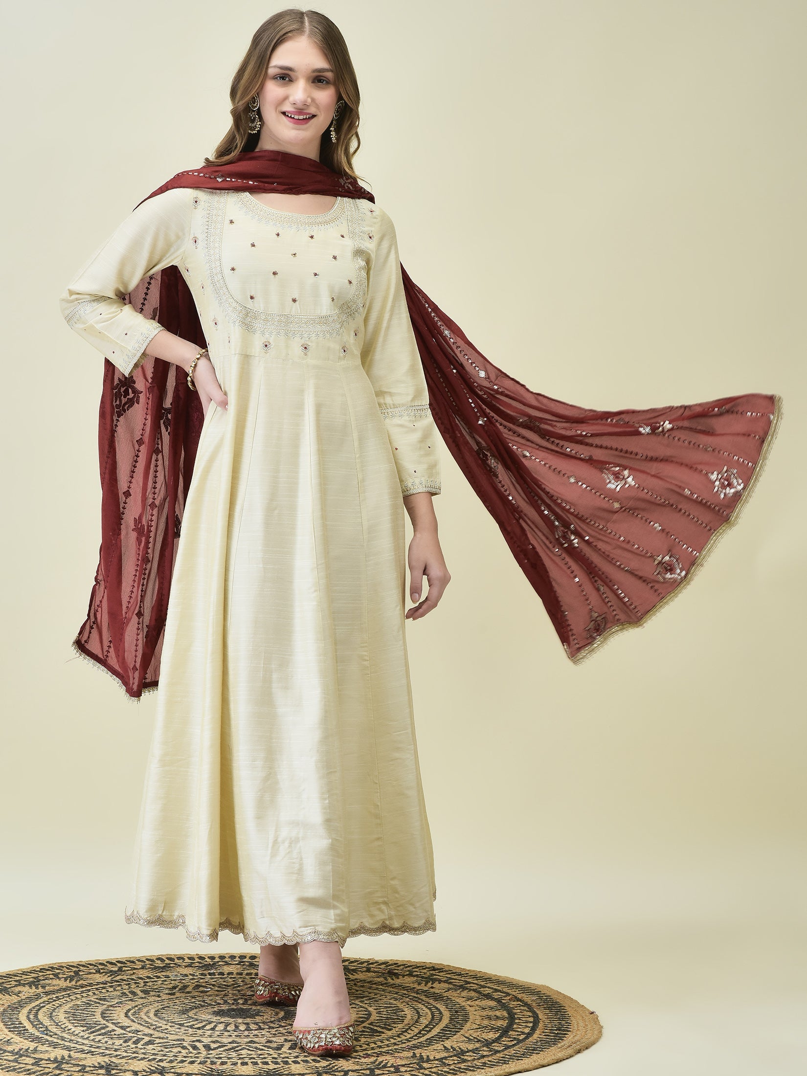 Women Silk Blend Beige Embroidered Dress With Dupatta