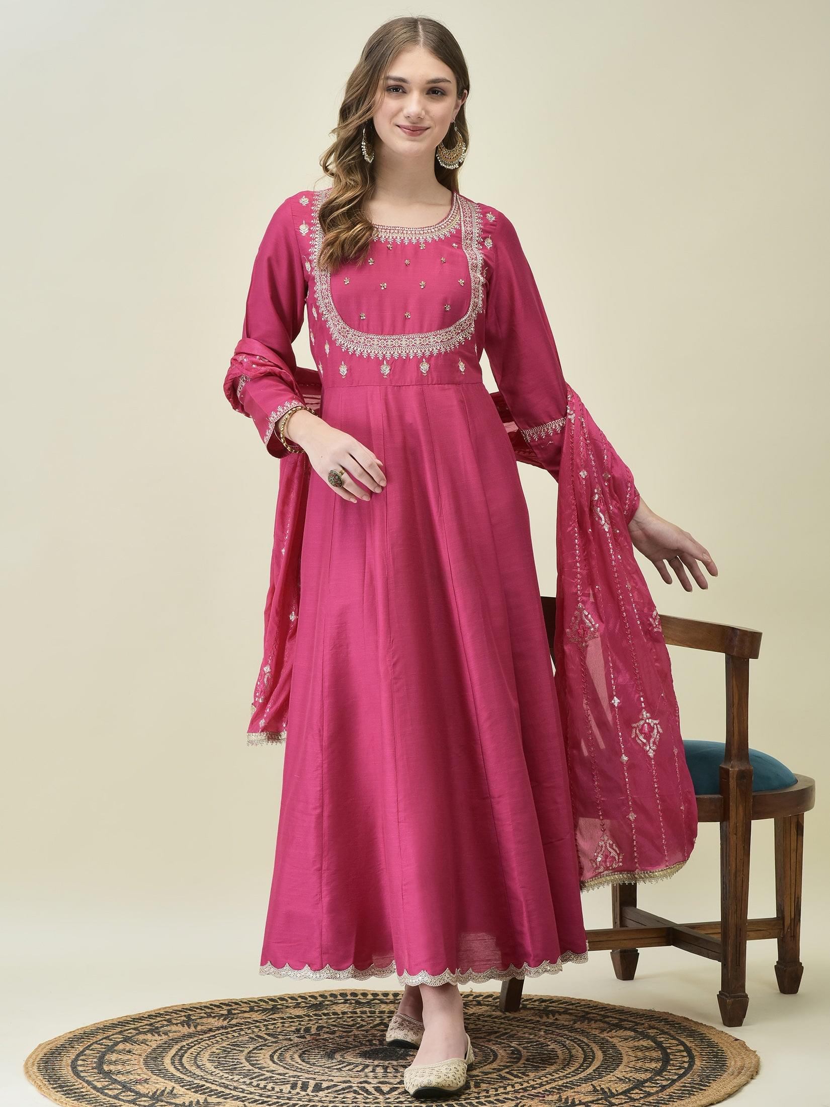 Women Silk Blend Fuchsia Embroidered Dress With Dupatta.