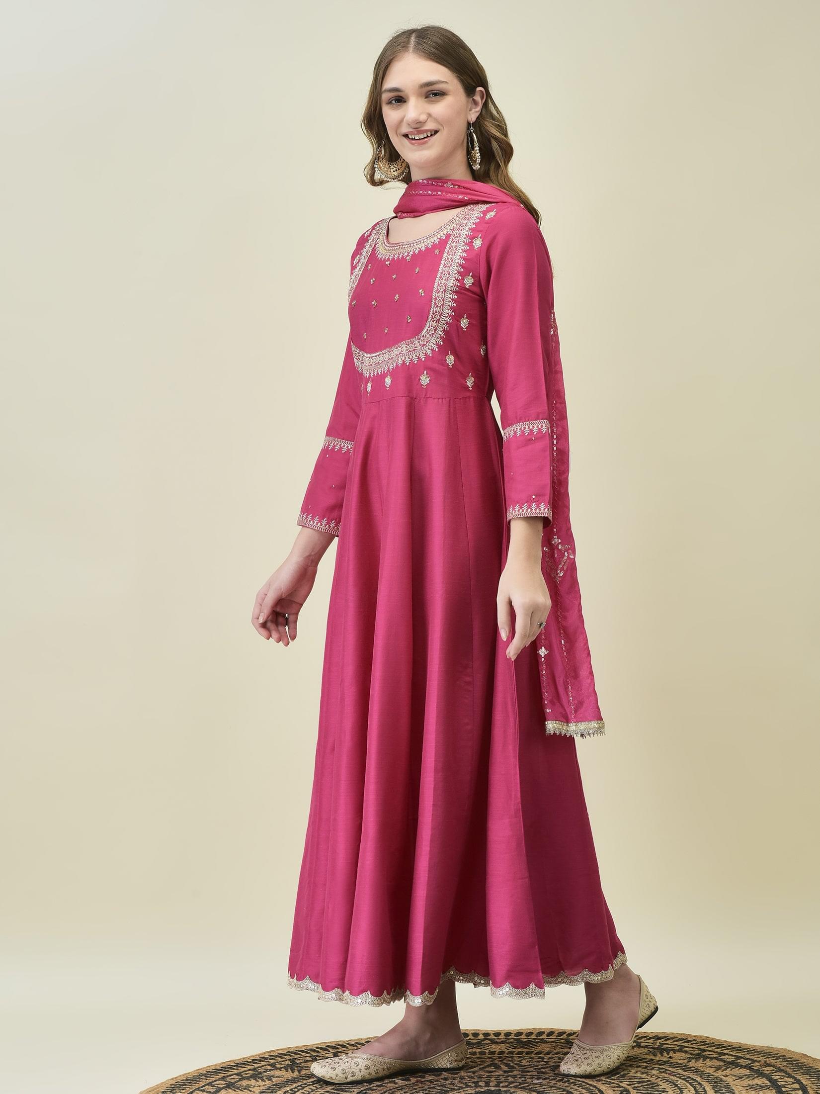 Women Silk Blend Fuchsia Embroidered Dress With Dupatta.