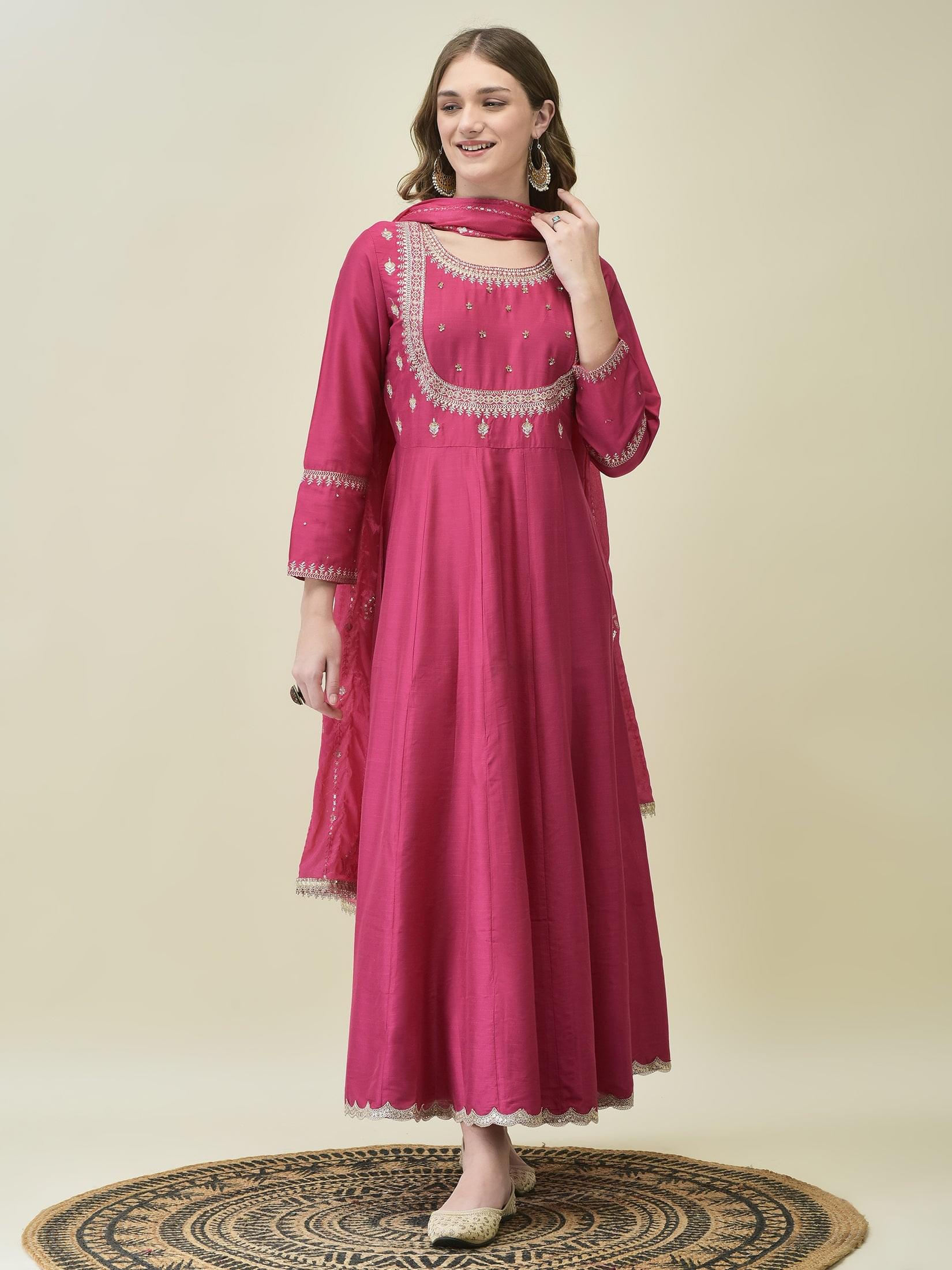 Women Silk Blend Fuchsia Embroidered Dress With Dupatta.