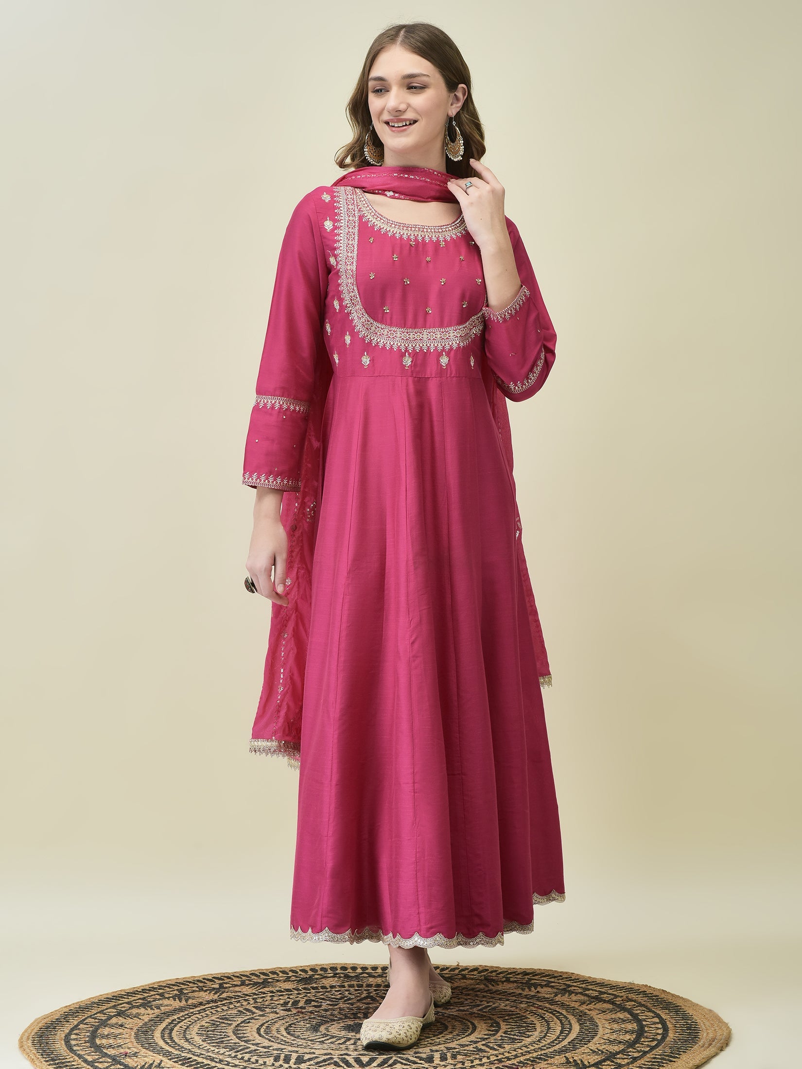 Women Silk Blend Fuchsia Embroidered Dress With Dupatta