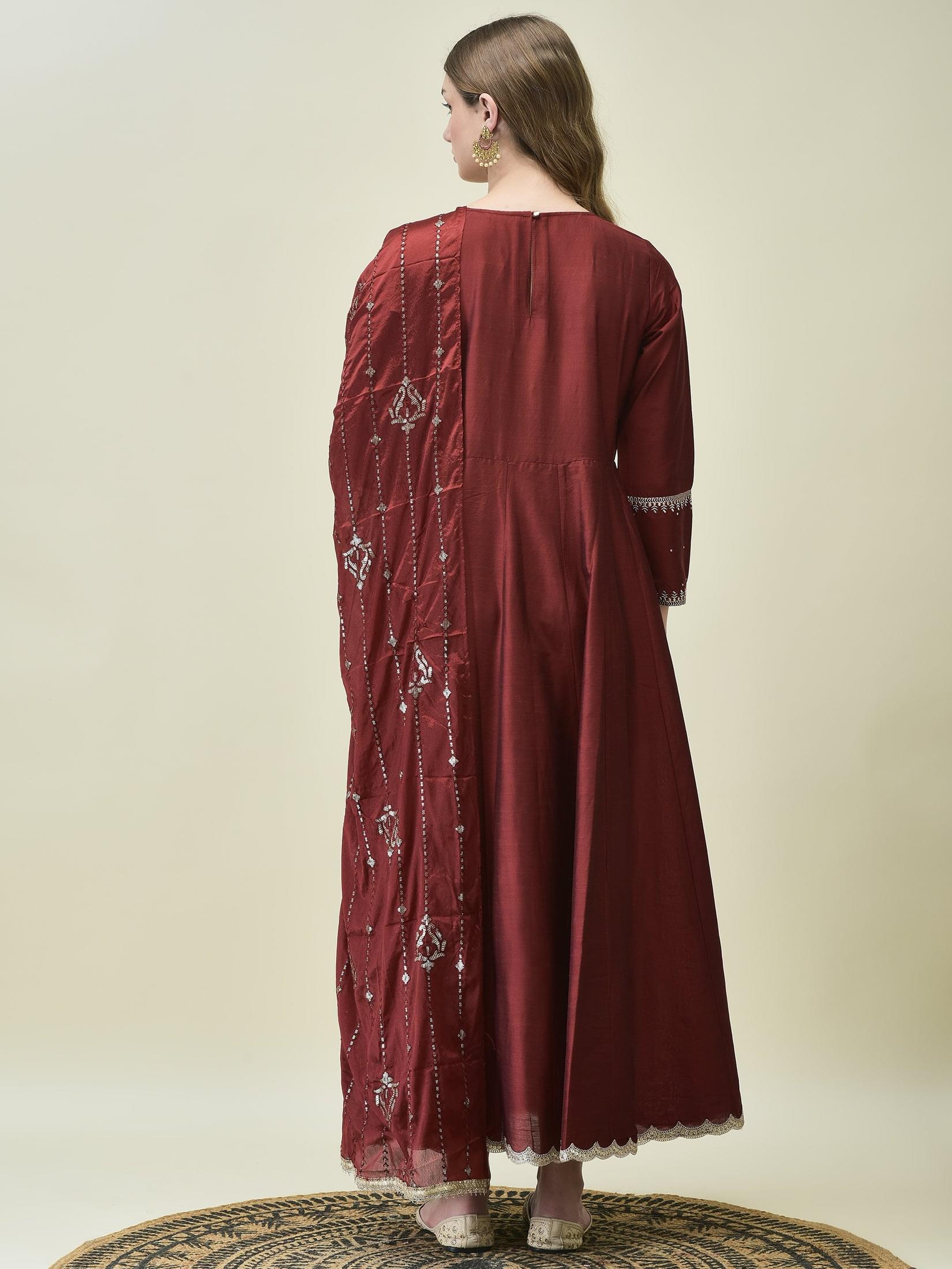 Women Silk Blend Maroon Embroidered Dress With Dupatta.