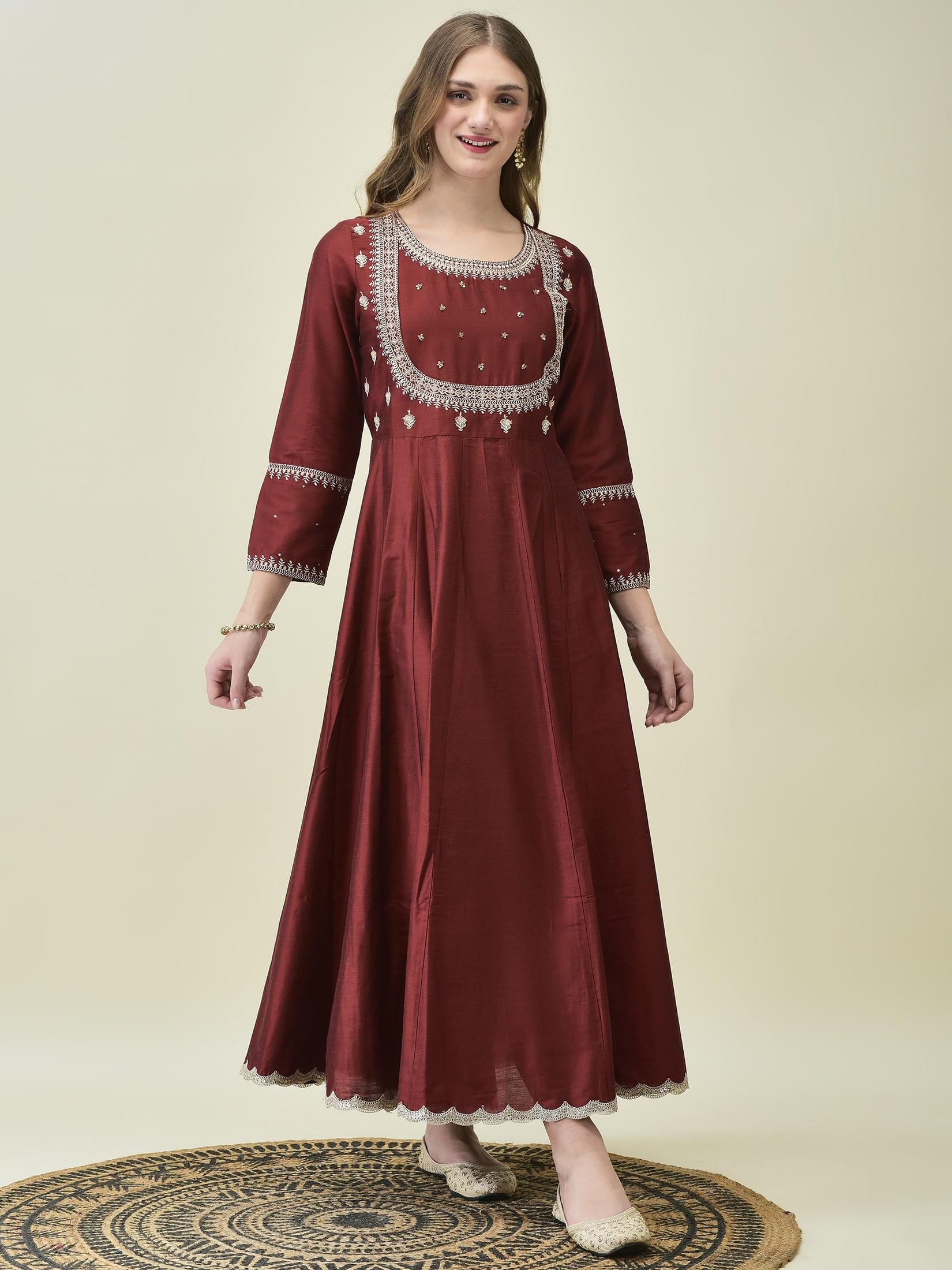 Women Silk Blend Maroon Embroidered Dress With Dupatta.