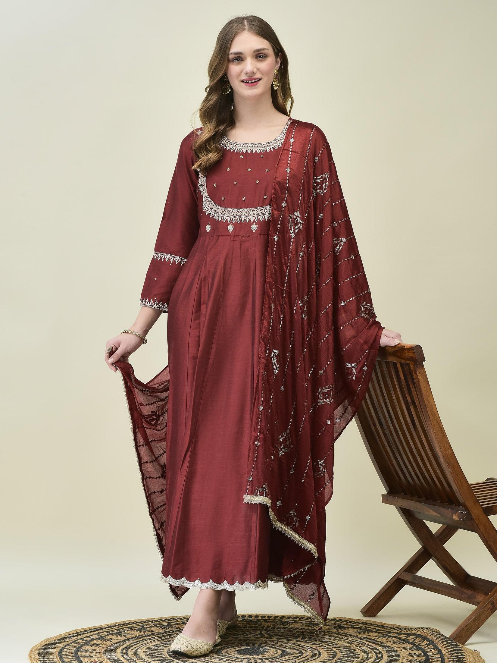 Women Silk Blend Maroon Embroidered Dress With Dupatta.
