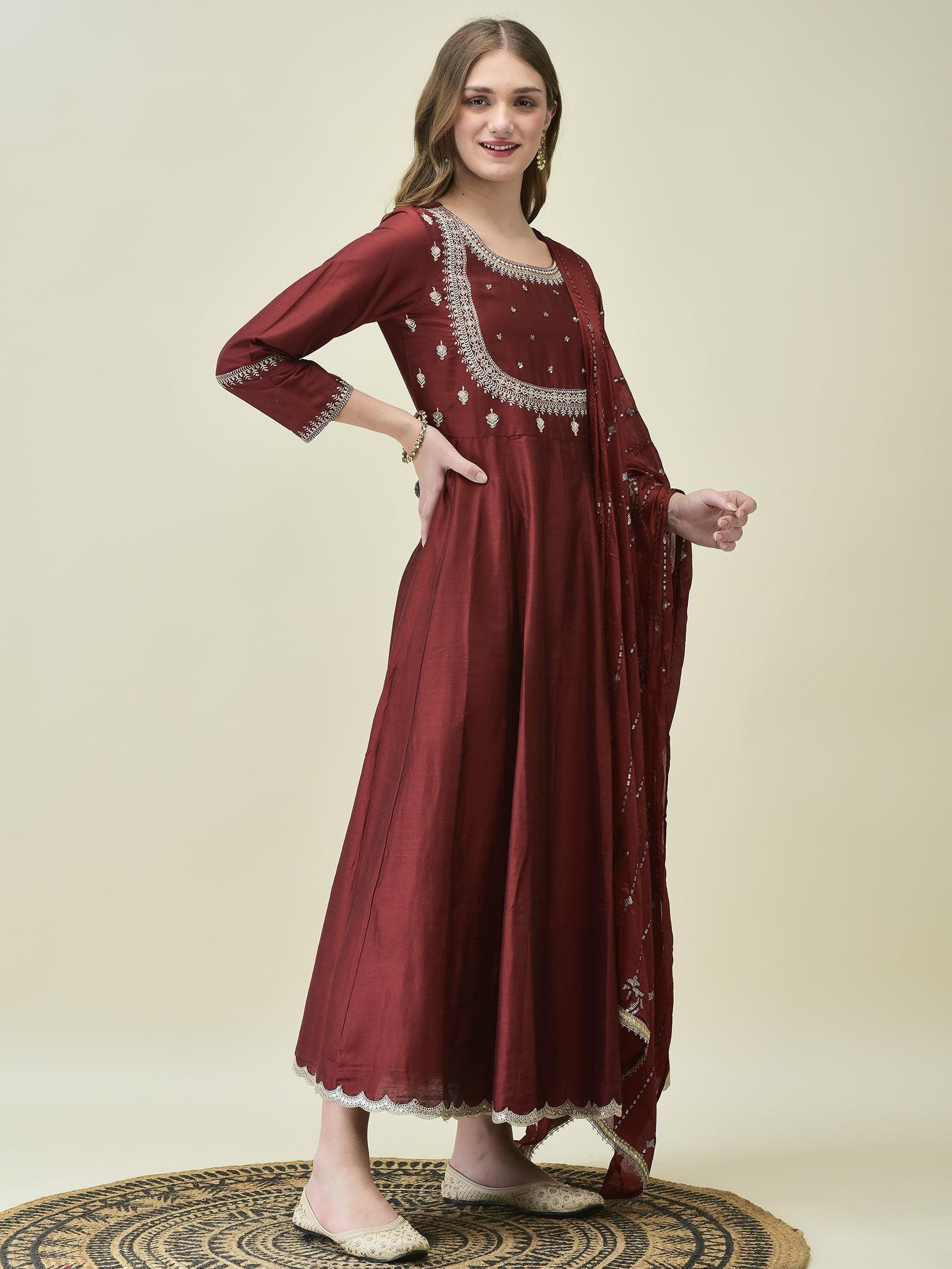 Women Silk Blend Maroon Embroidered Dress With Dupatta.