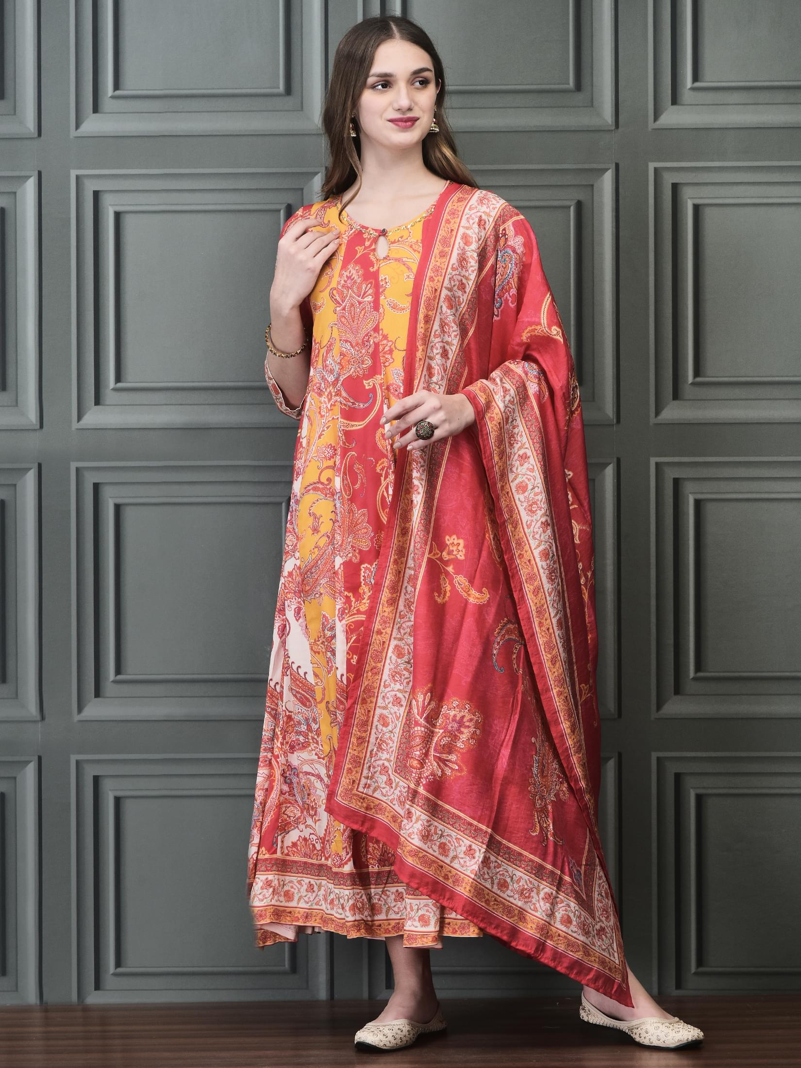 Vibrant multicolor paisley tapestry print Liva rayon dress with Chanderi silk dupatta
