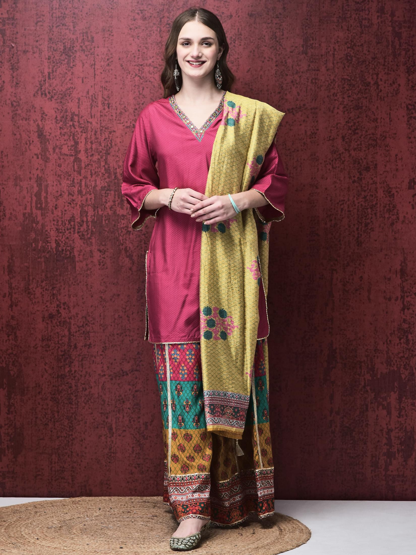 Women Liva (Rayon) Pink Embroidered Kurta Flared Split Pant Chanderi Dupatta.