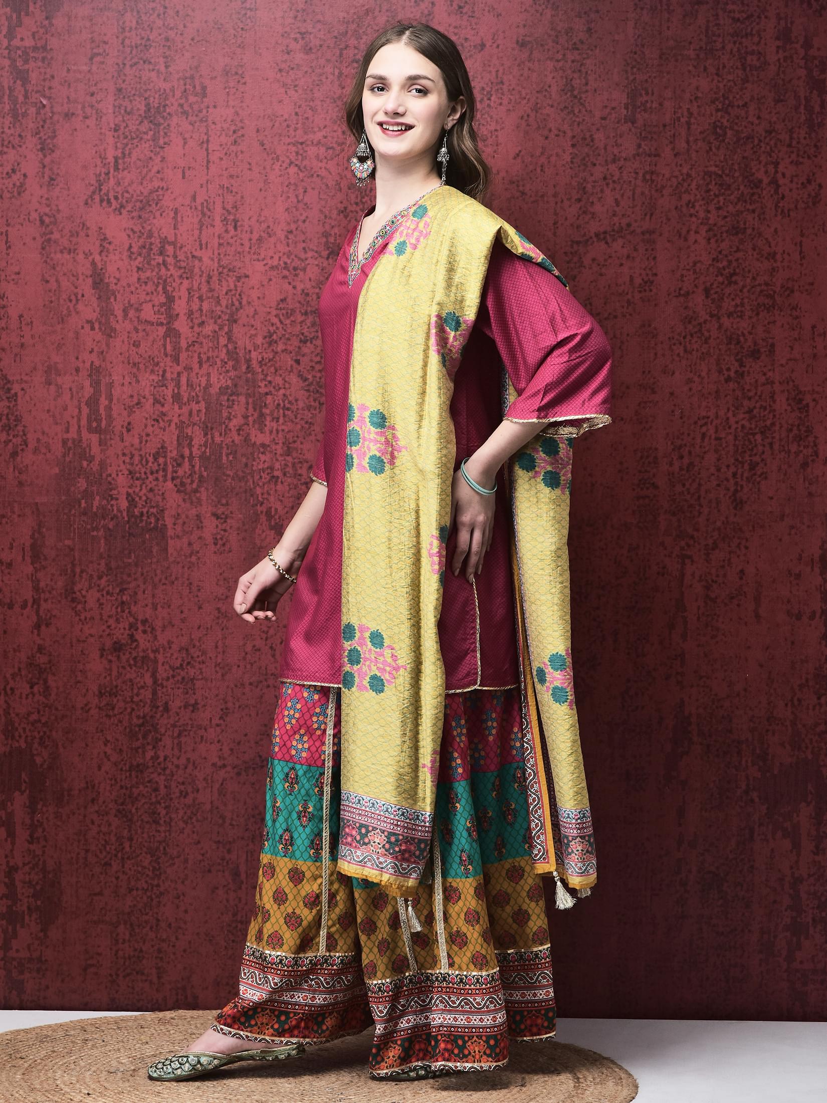 Women Liva (Rayon) Pink Embroidered Kurta Flared Split Pant Chanderi Dupatta.