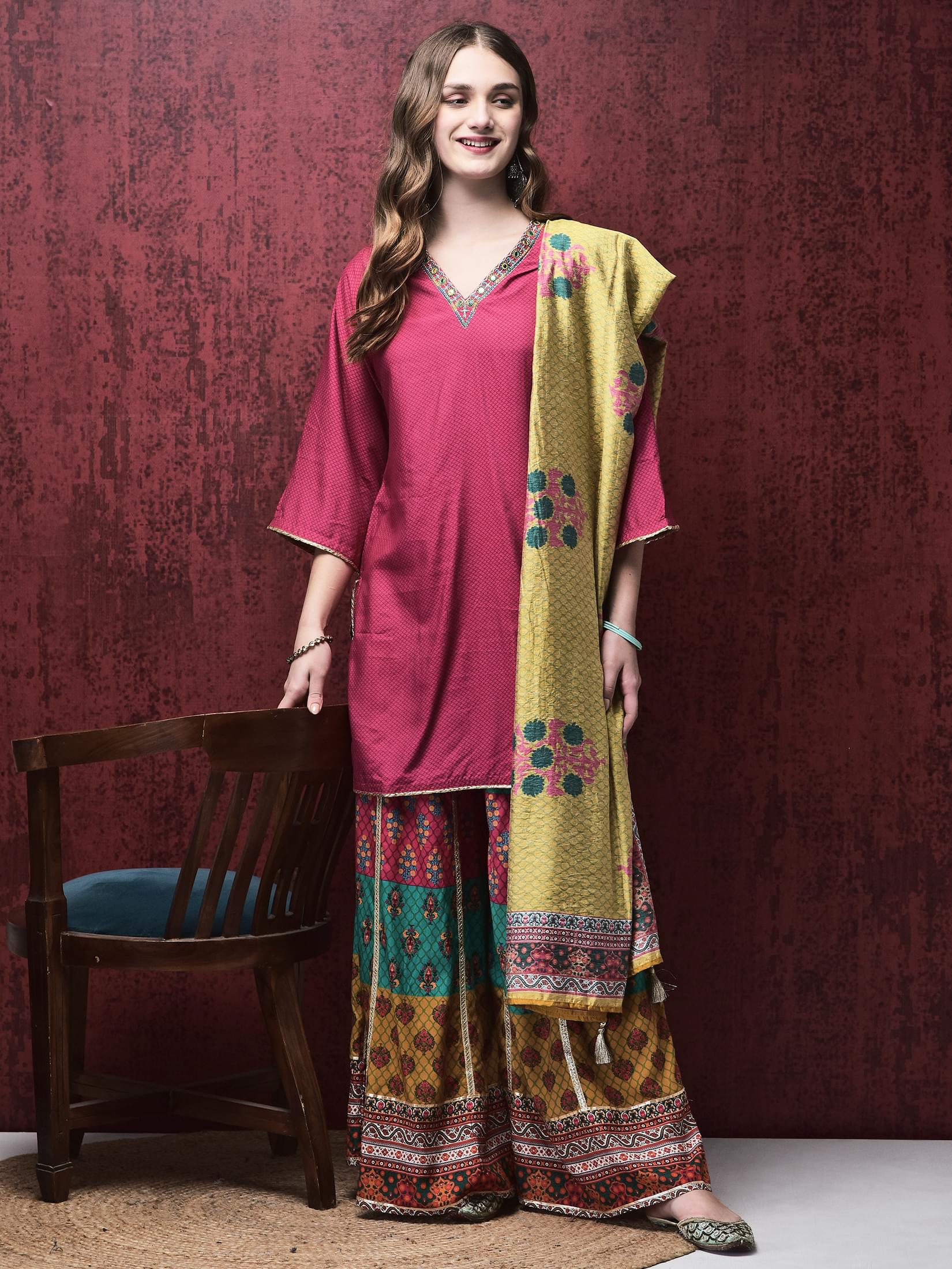 Soft pink delicate embroidered Liva rayon straight kurta with flared split trousers