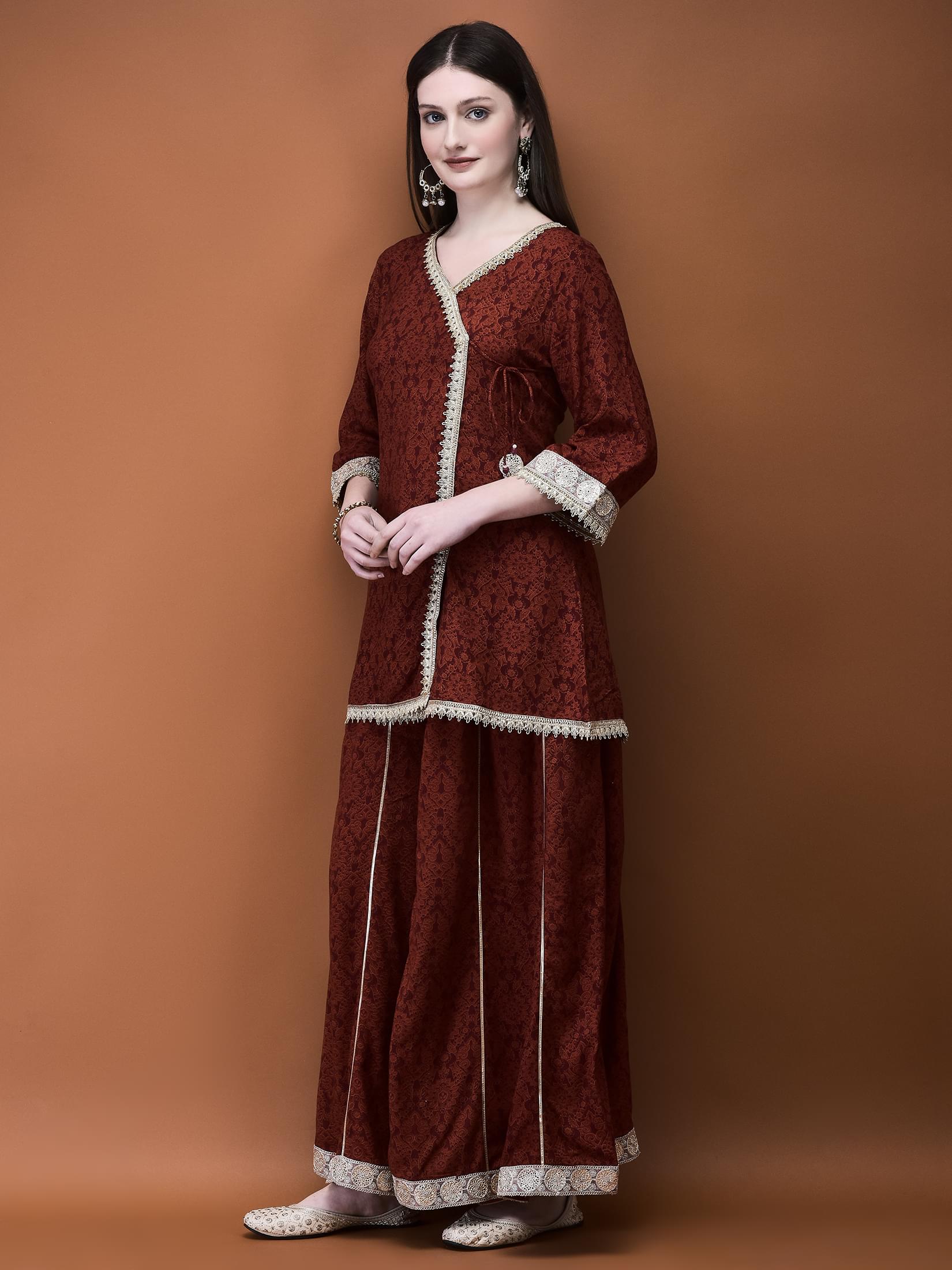 Women Liva (Rayon) Rust Floral Print Kurta With Split Pant.