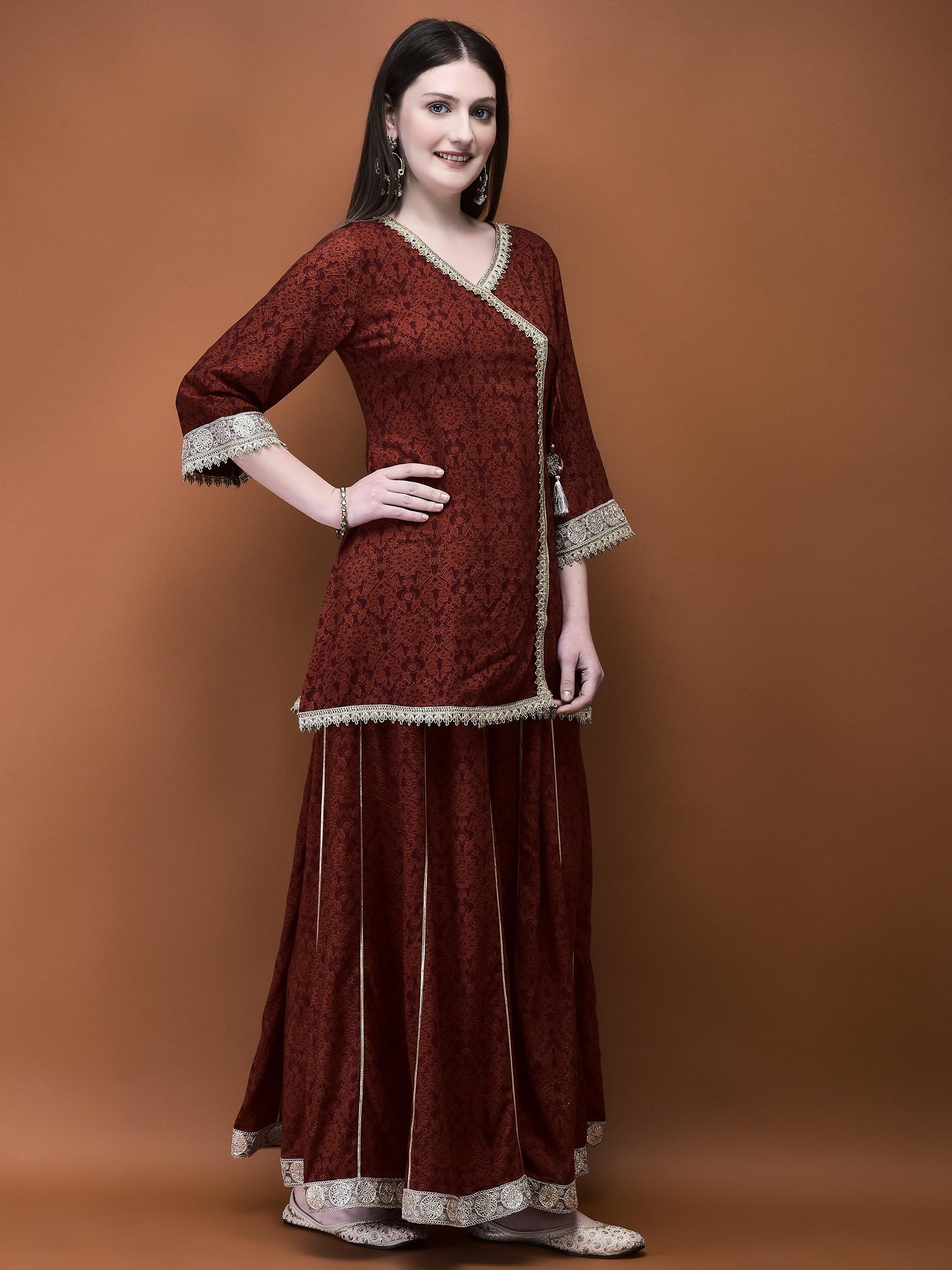 Women Liva (Rayon) Rust Floral Print Kurta With Split Pant.