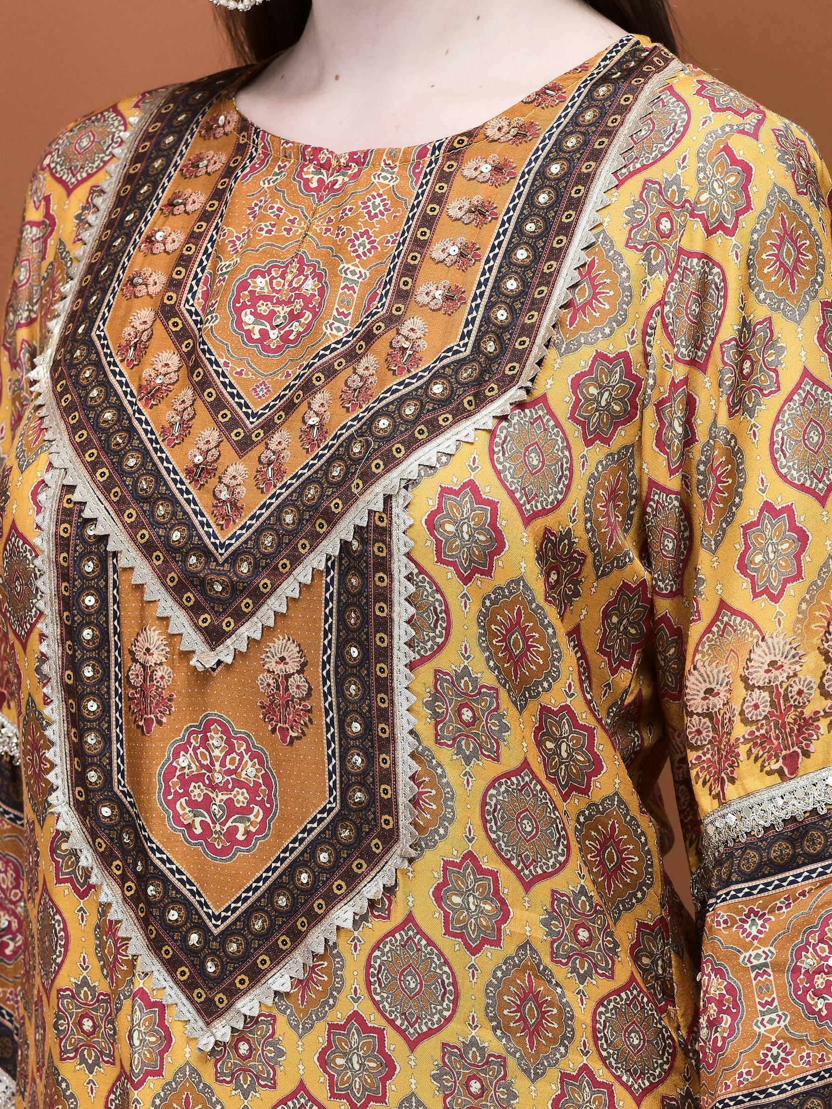 Women Muslin Mustard Ajrakh Print Kurta Comfort Pant Dupatta.