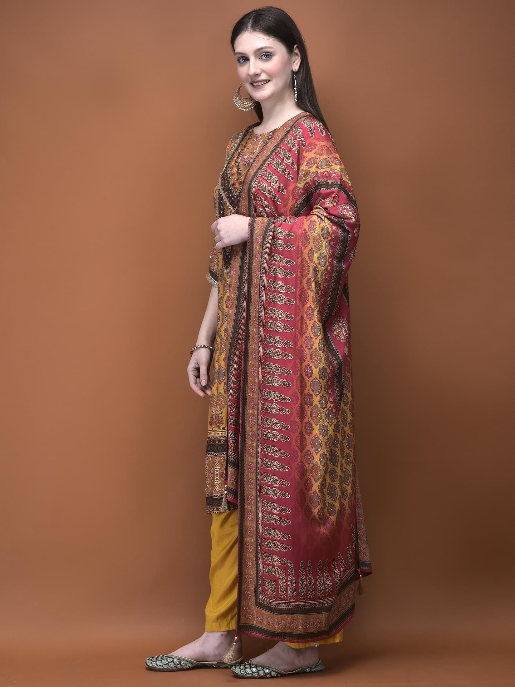 Women Muslin Mustard Ajrakh Print Kurta Comfort Pant Dupatta.