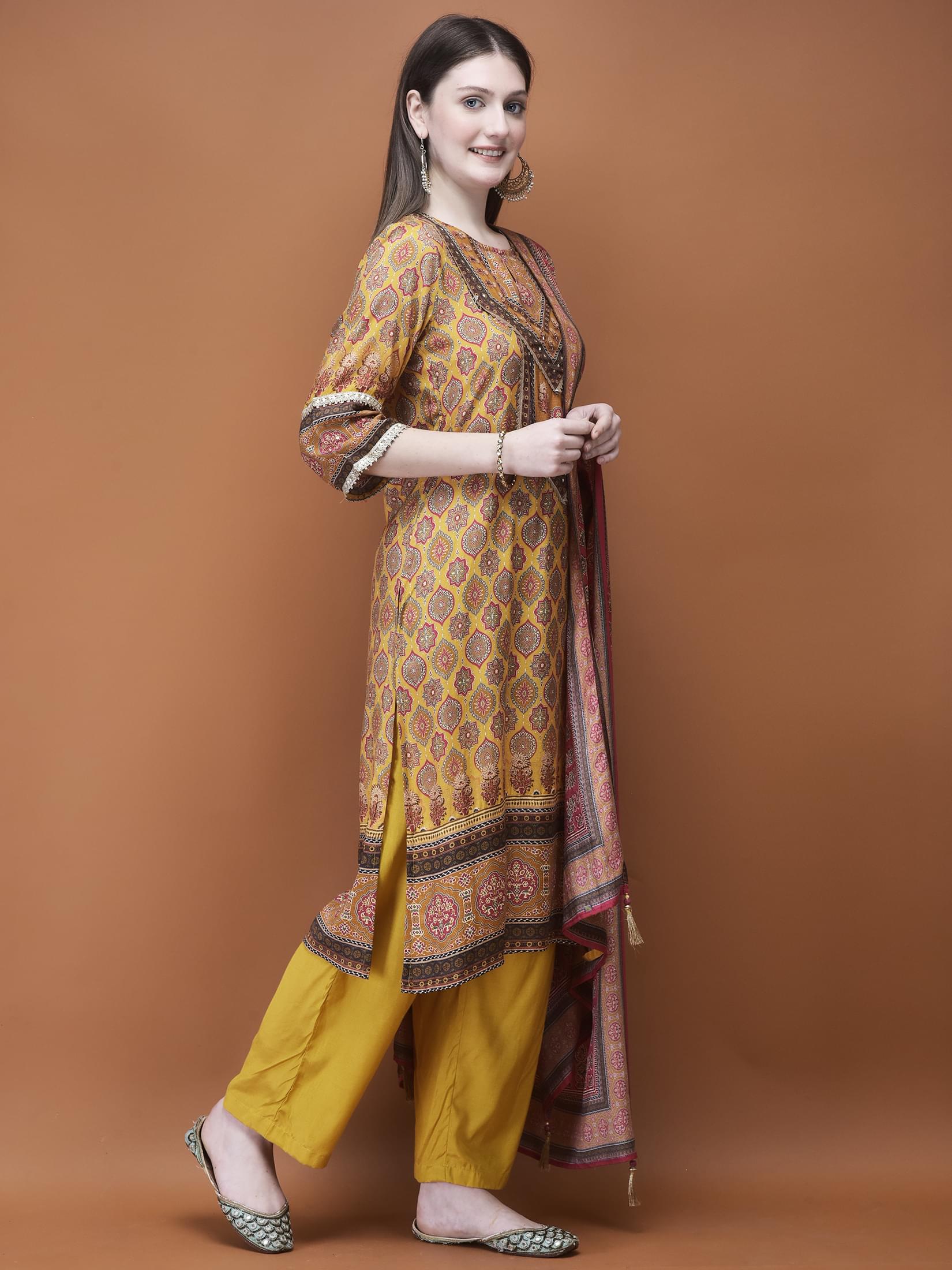 Women Muslin Mustard Ajrakh Print Kurta Comfort Pant Dupatta.
