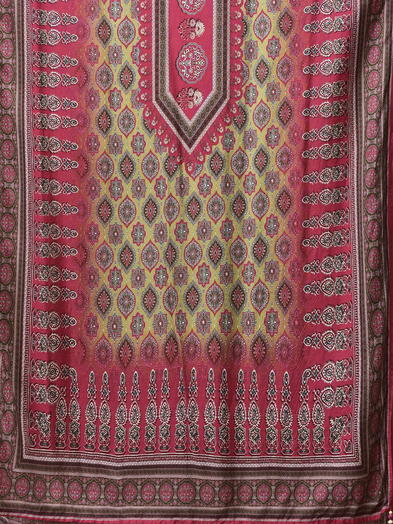 Women Muslin Olive Ajrakh Print Kurta Comfort Pant Dupatta.
