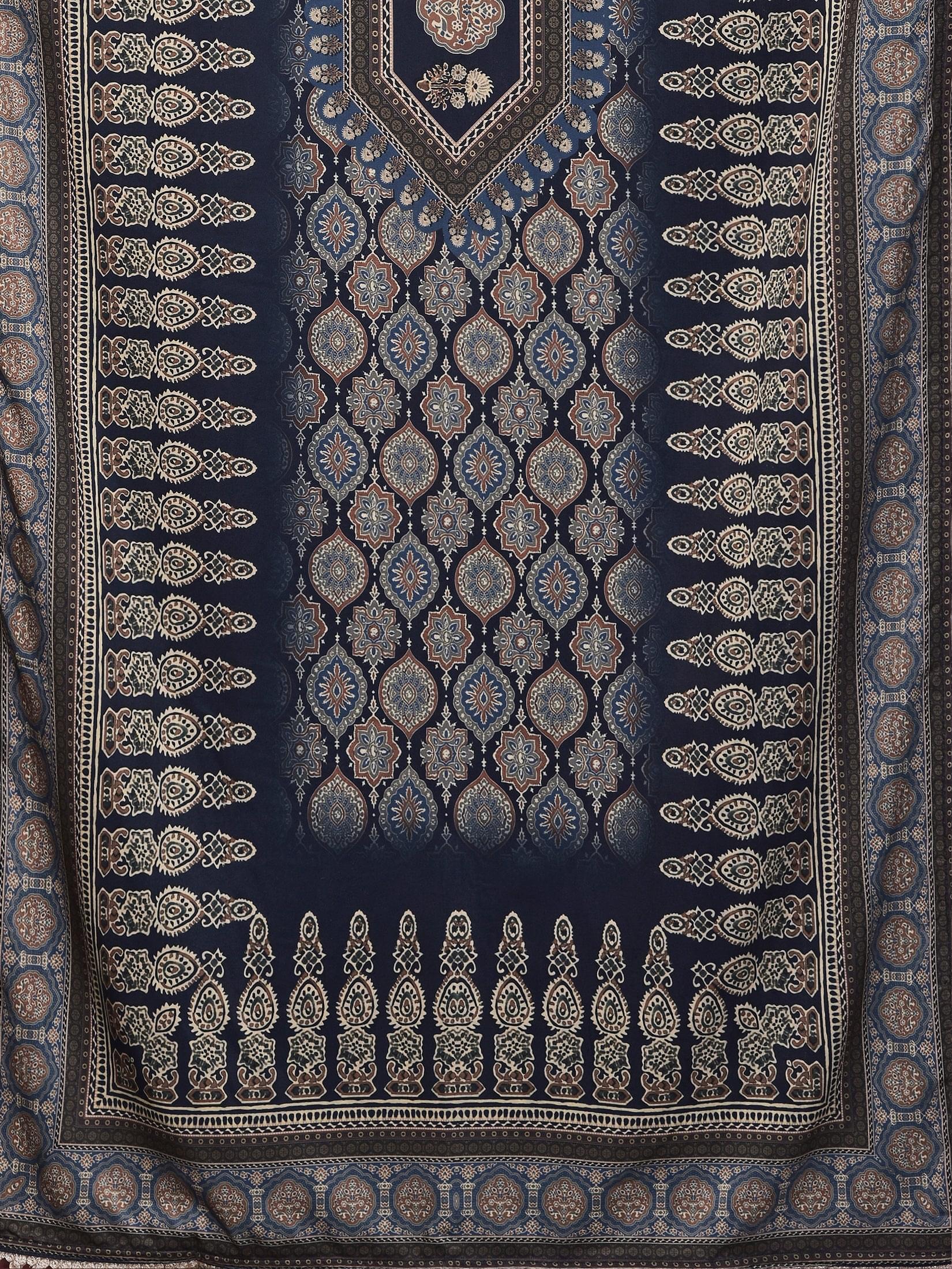 Women Winter Velvet Blue Multi Ajrakh Print Kurta Comfort Pant Dupatta.