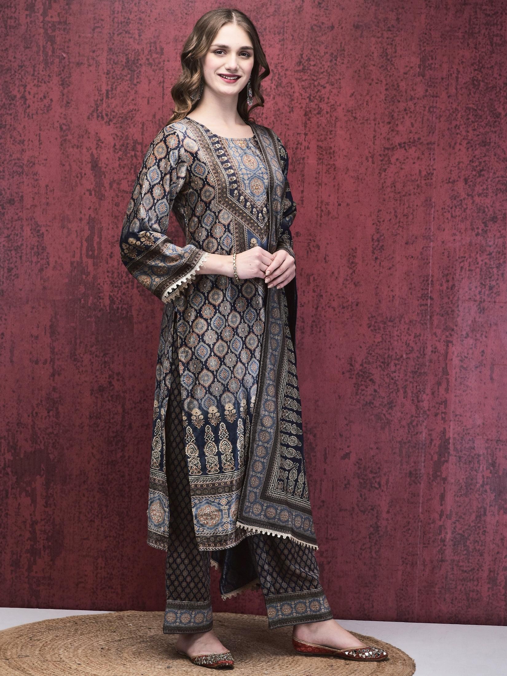 Women Winter Velvet Blue Multi Ajrakh Print Kurta Comfort Pant Dupatta.