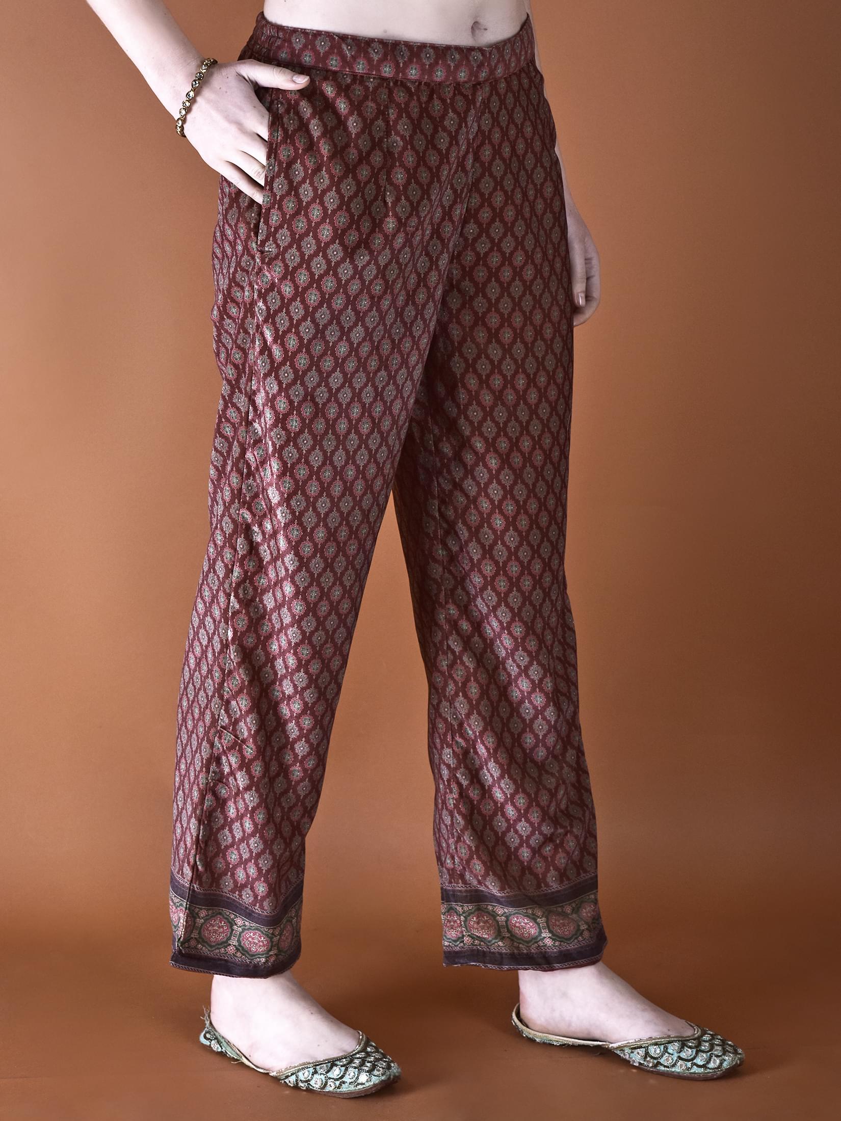 Women Winter Velvet Rust Ajrakh Print Kurta Comfort Pant Dupatta.