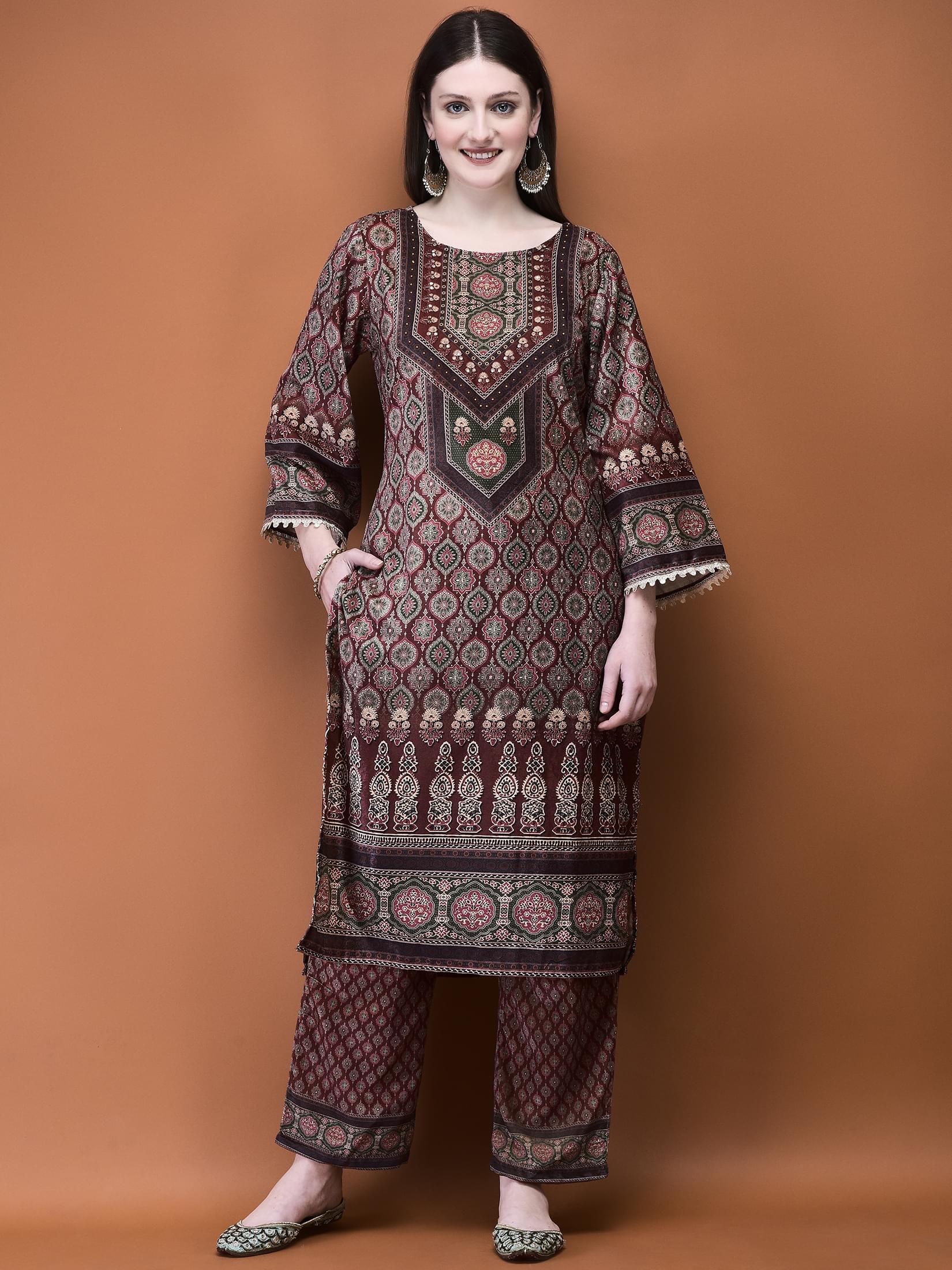 Women Winter Velvet Rust Ajrakh Print Kurta Comfort Pant Dupatta.