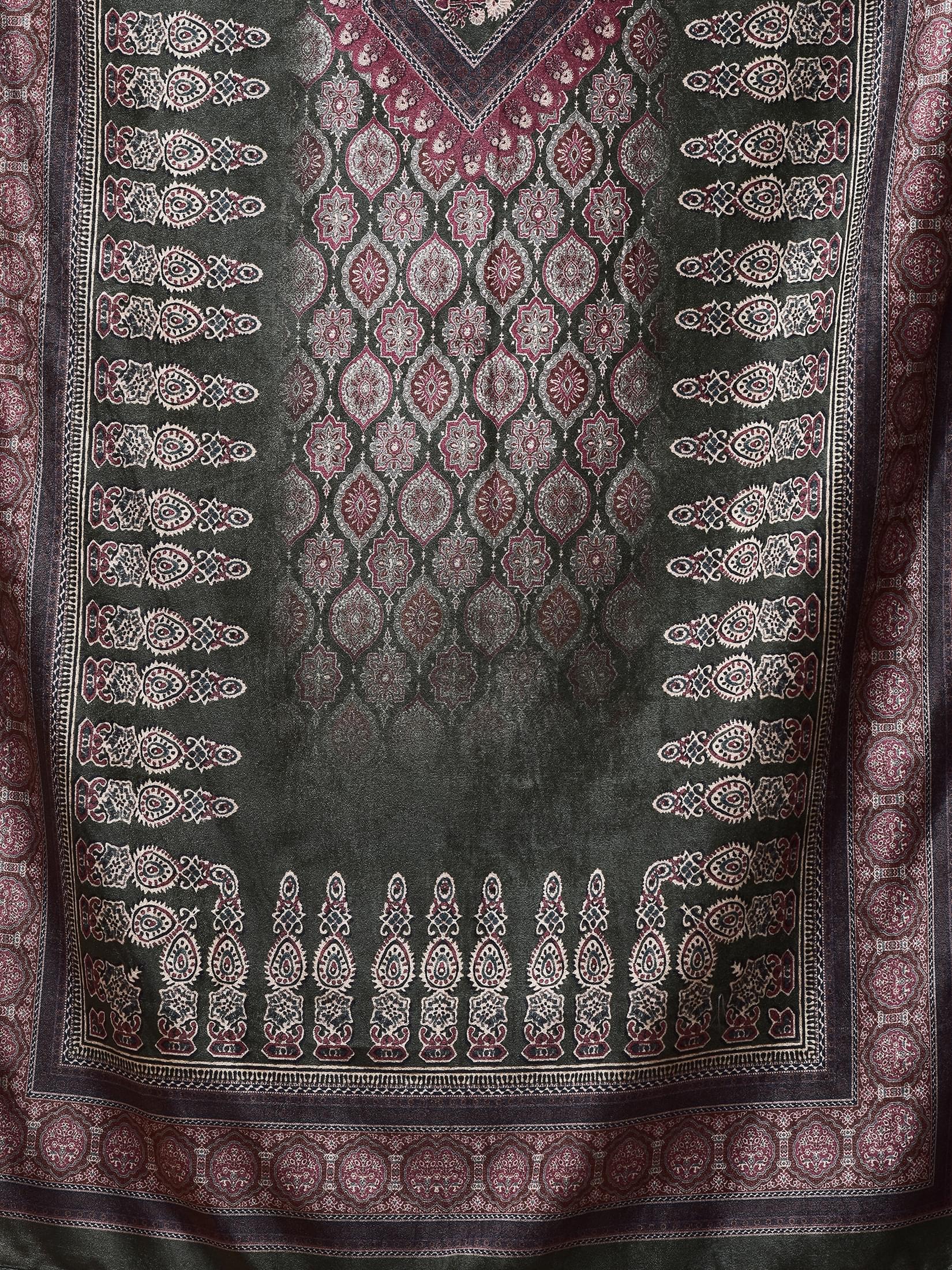 Women Winter Velvet Rust Ajrakh Print Kurta Comfort Pant Dupatta.