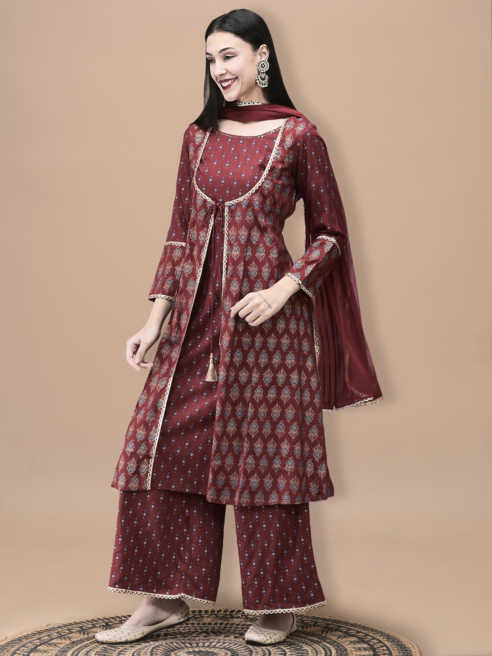 Women Liva Maroon Butti Print Kurta Wide Leg Pant Dupatta.