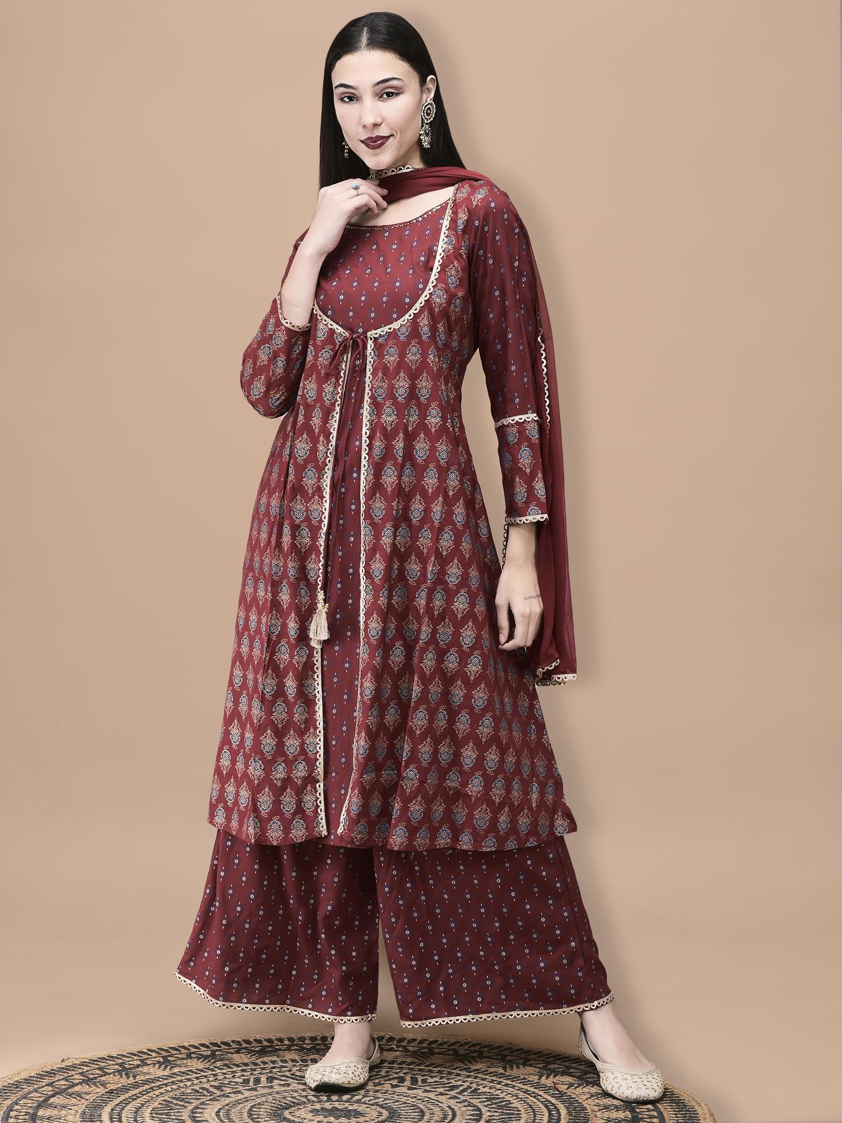 Deep maroon classic butti print Liva fabric comfort wide leg pant suit set