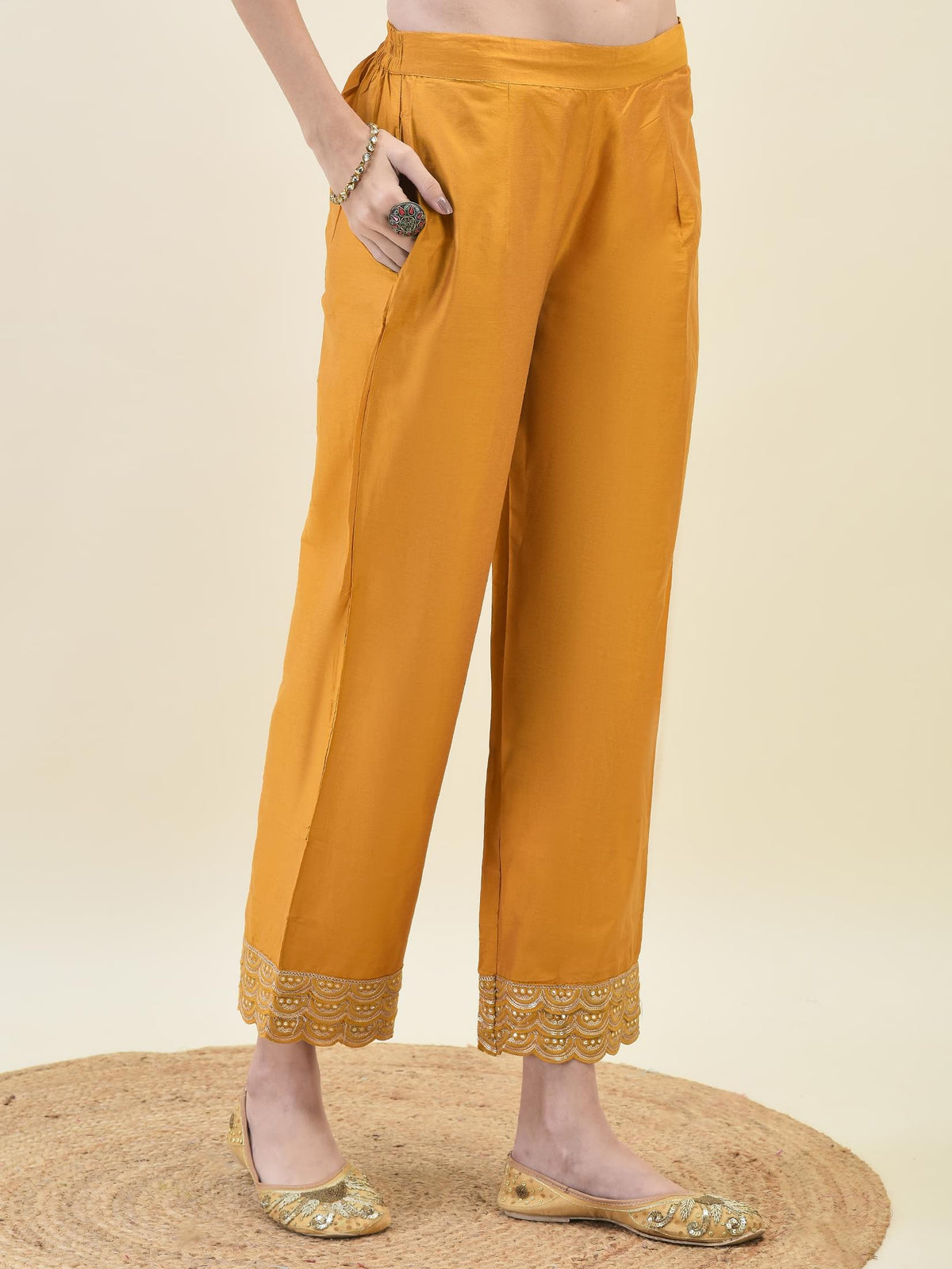 Women Poly Viscose Mustard Embroidered Kurta Comfort Pant Dupatta.