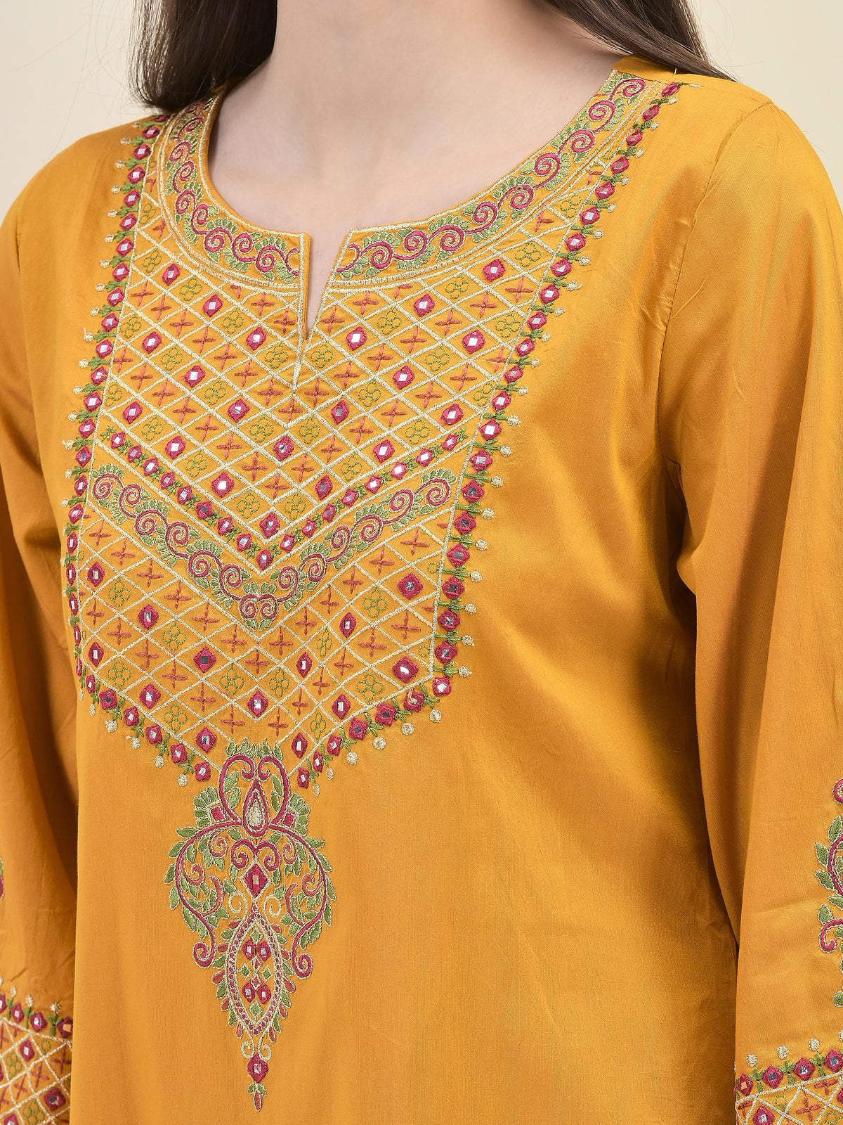Women Poly Viscose Mustard Embroidered Kurta Comfort Pant Dupatta.