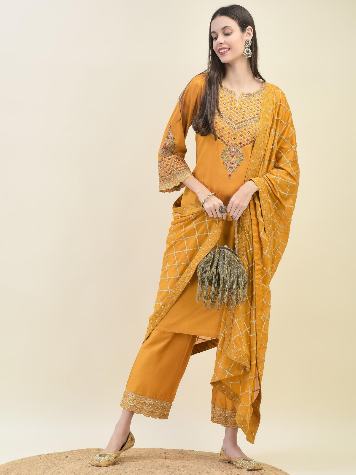 Women Poly Viscose Mustard Embroidered Kurta Comfort Pant Dupatta.