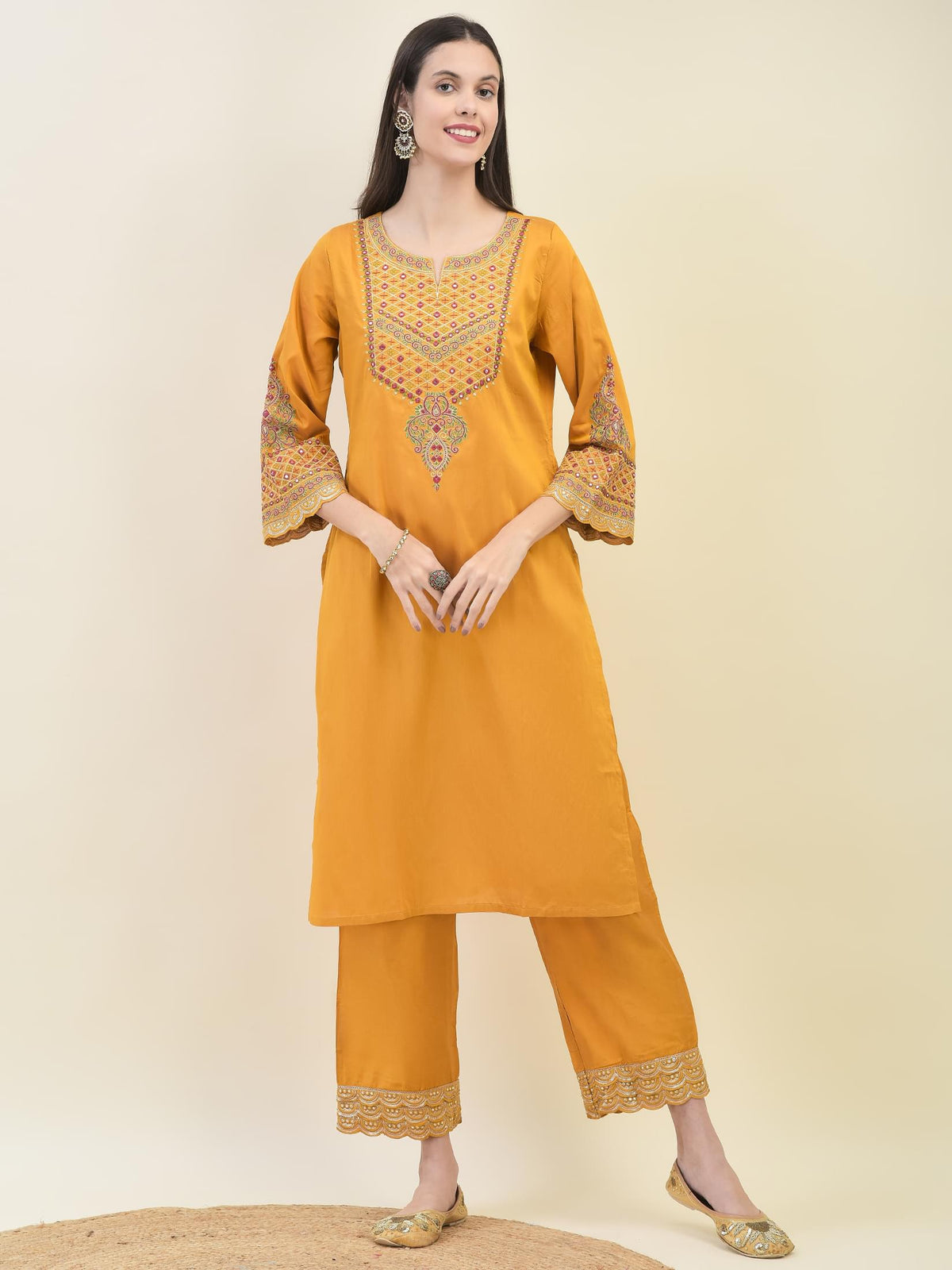Women Poly Viscose Mustard Embroidered Kurta Comfort Pant Dupatta.