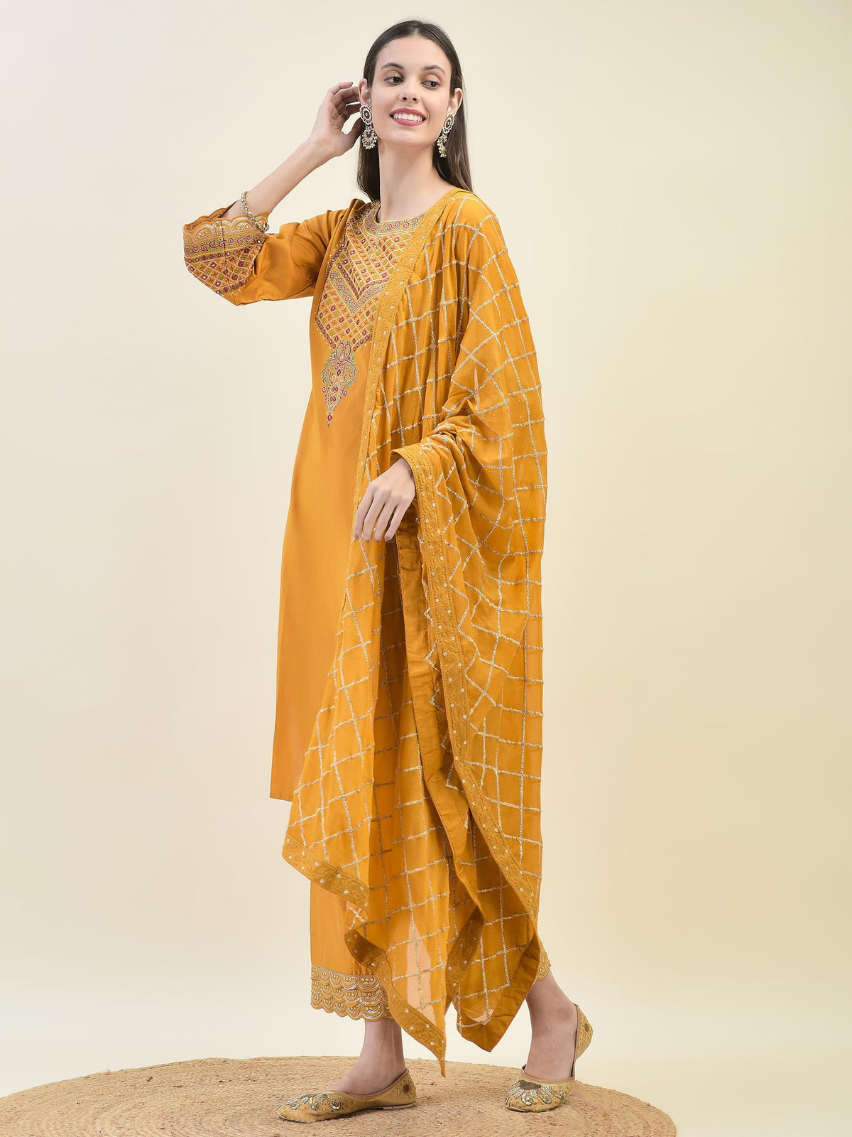 Women Poly Viscose Mustard Embroidered Kurta Comfort Pant Dupatta.