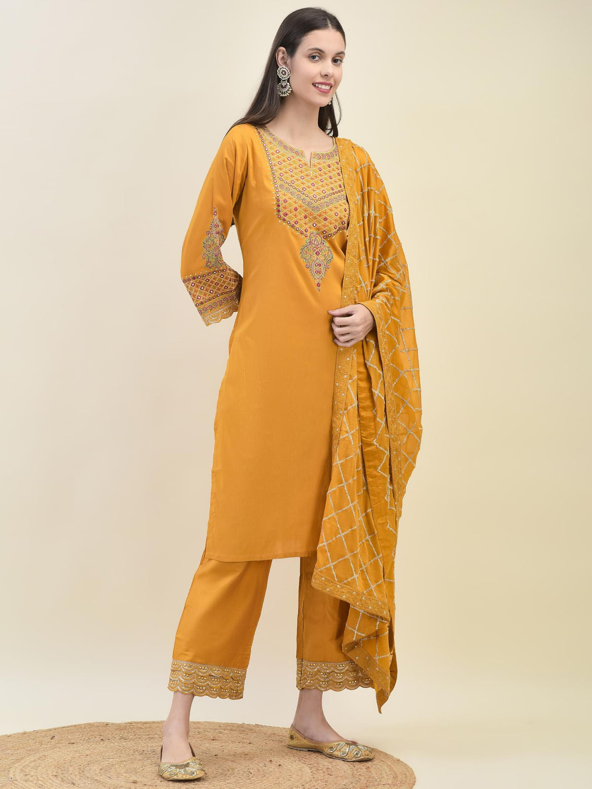 Women Poly Viscose Mustard Embroidered Kurta Comfort Pant Dupatta.