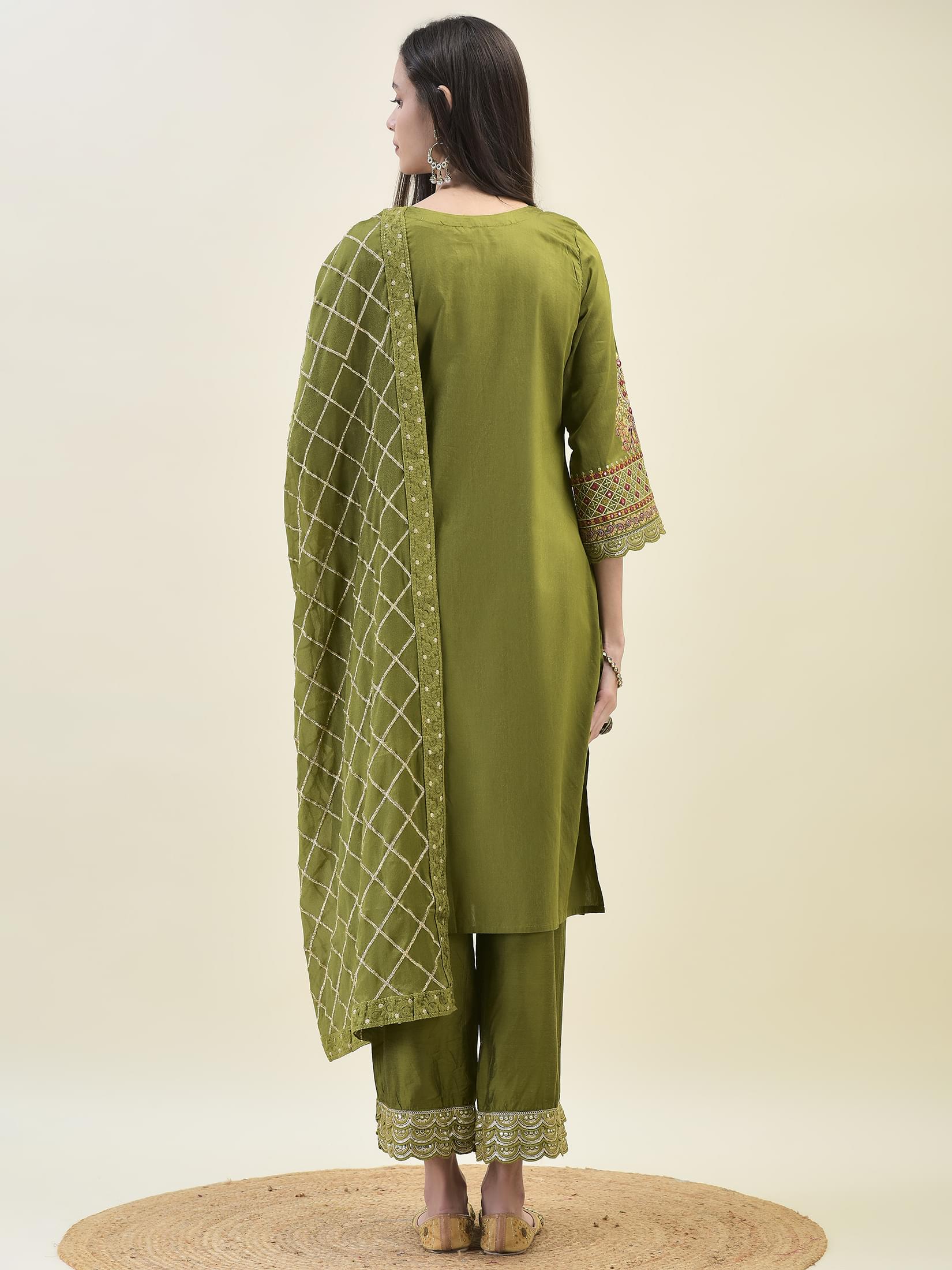 Women Poly Viscose Olive Embroidered Kurta Comfort Pant Dupatta.