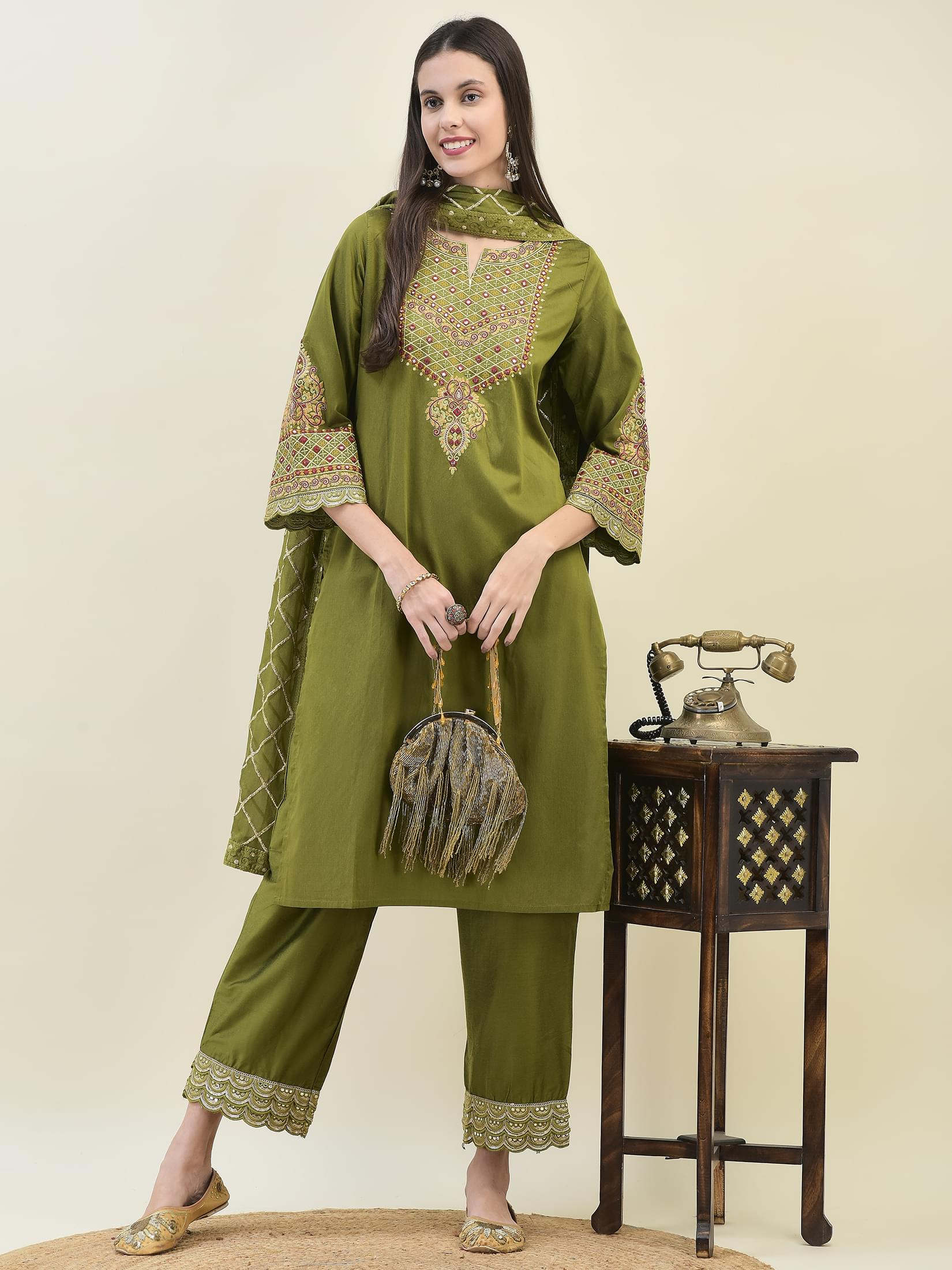 Women Poly Viscose Olive Embroidered Kurta Comfort Pant Dupatta.