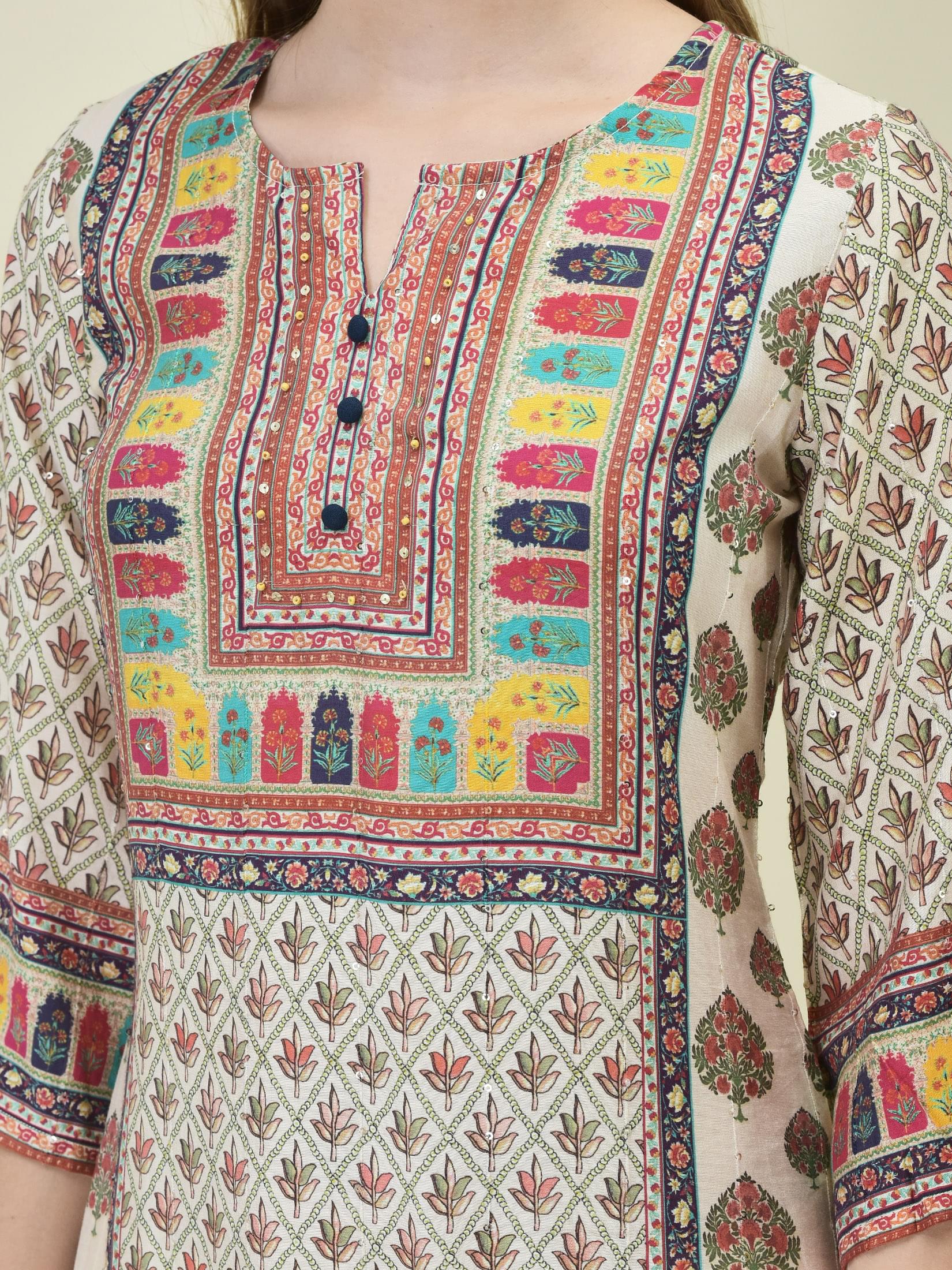 Women Muslin Multicolor Placement Print Kurta Comfort Pant Chanderi Dupatta.