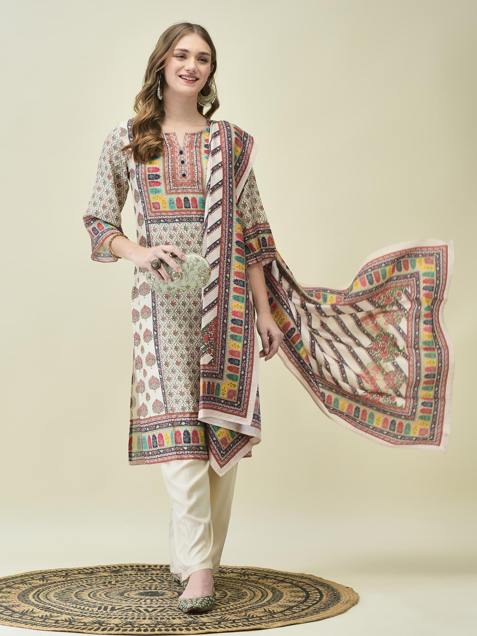 Women Muslin Multicolor Placement Print Kurta Comfort Pant Chanderi Dupatta.