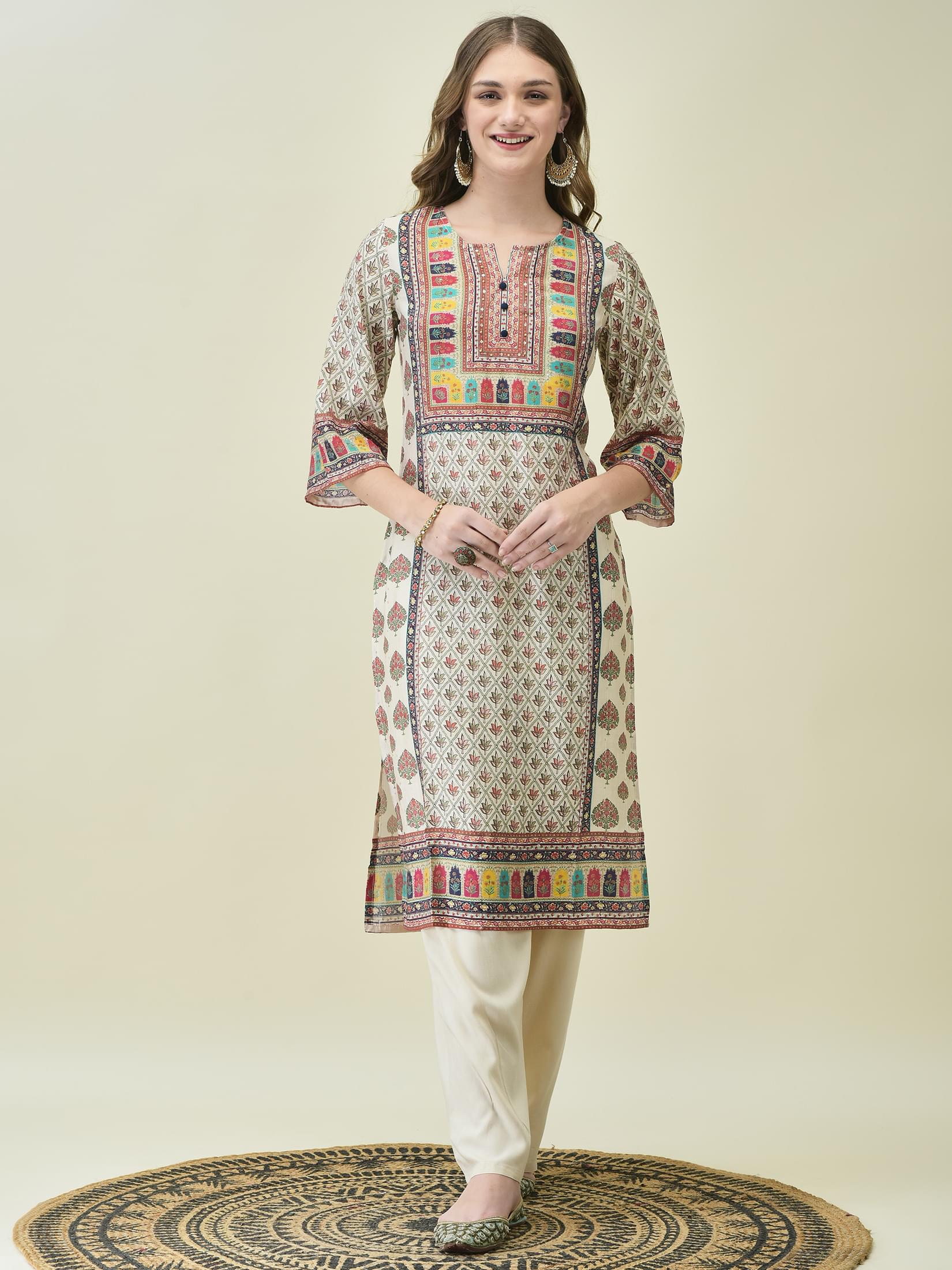 Women Muslin Multicolor Placement Print Kurta Comfort Pant Chanderi Dupatta.