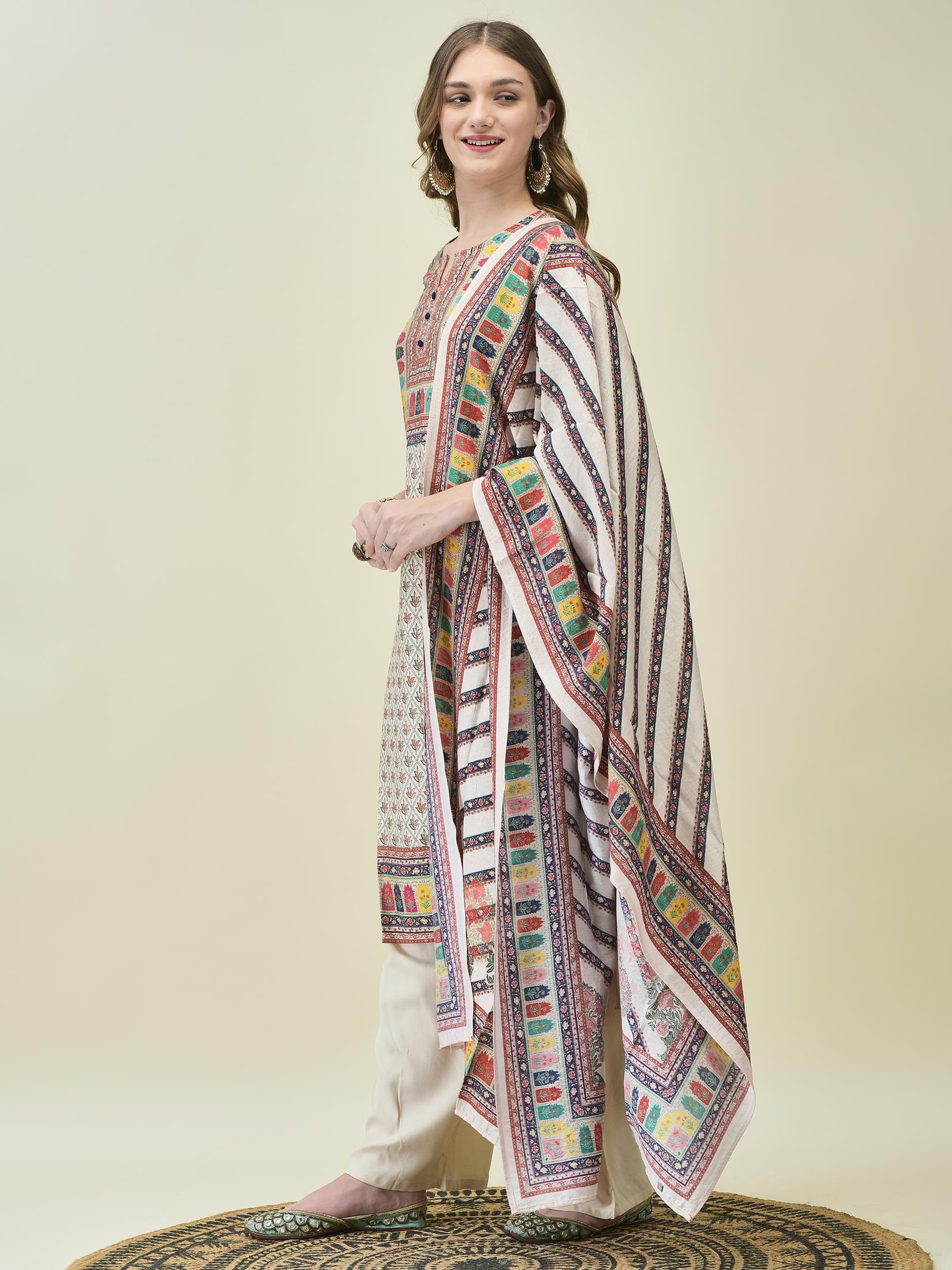 Women Muslin Multicolor Placement Print Kurta Comfort Pant Chanderi Dupatta.