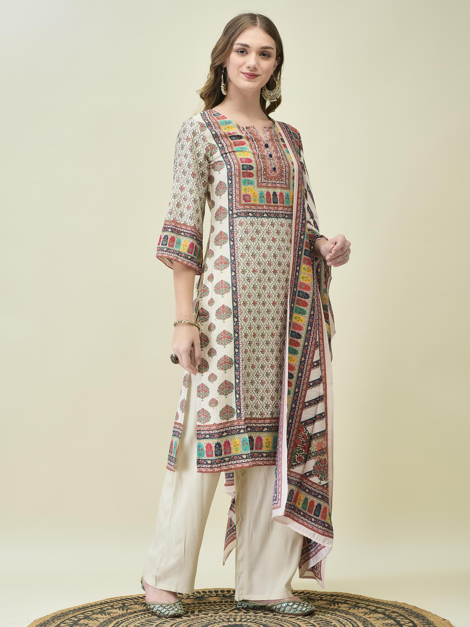 Women Muslin Multicolor Placement Print Kurta Comfort Pant Chanderi Dupatta.