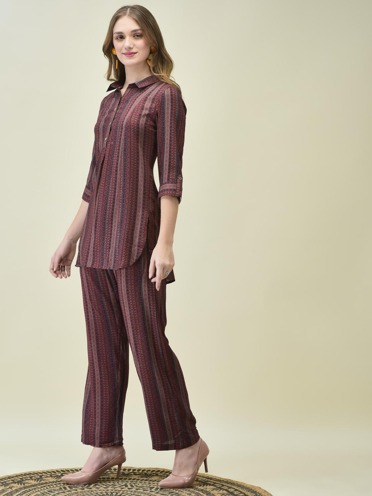 Women Liva Maroon Stripe Print Co-Ord Set.