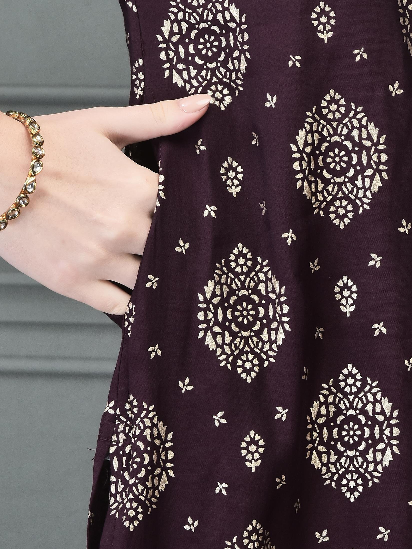 Women Liva Purple Foil Print Kurta.