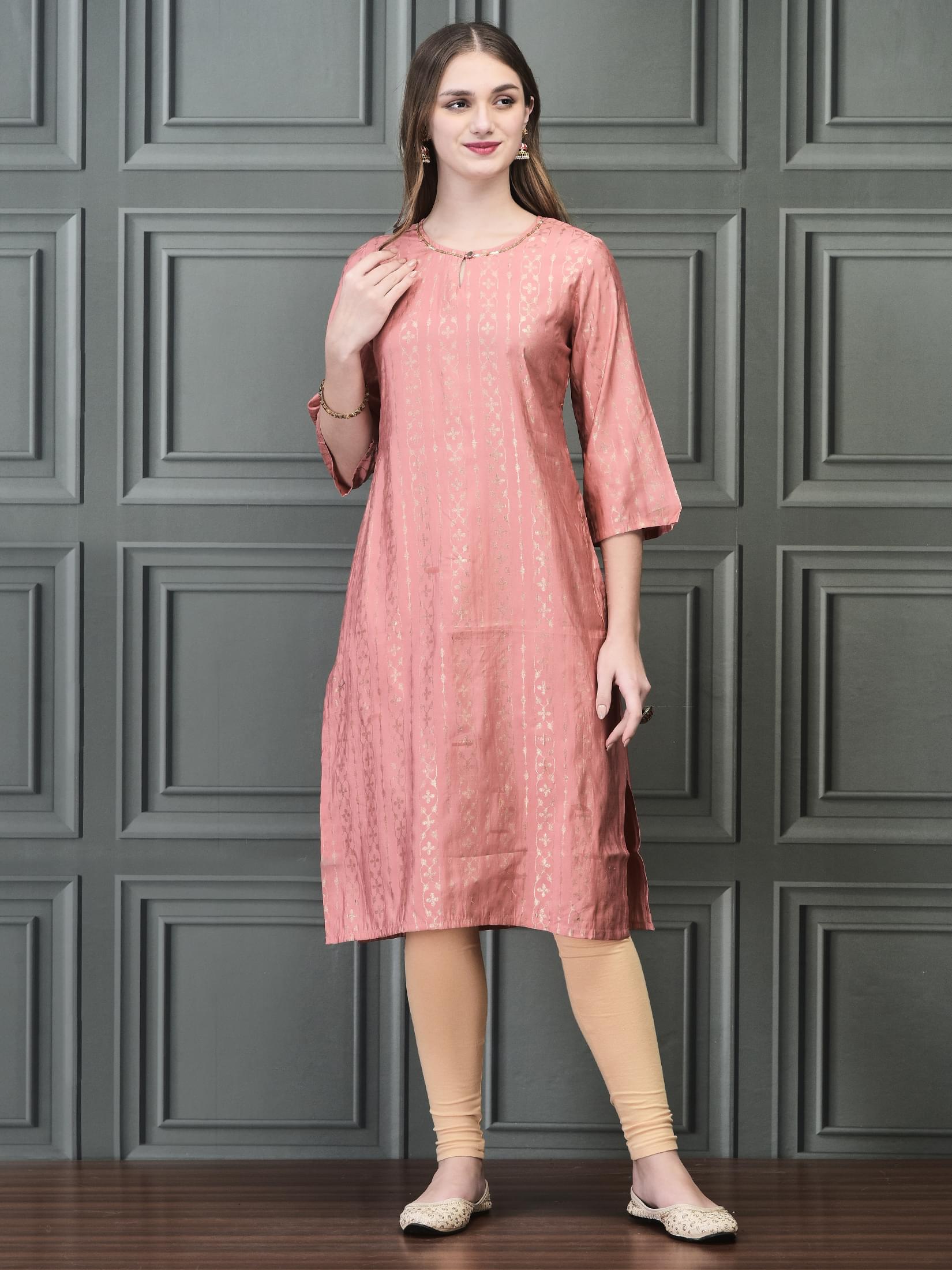 Women Liva Pink Foil Print Kurta.