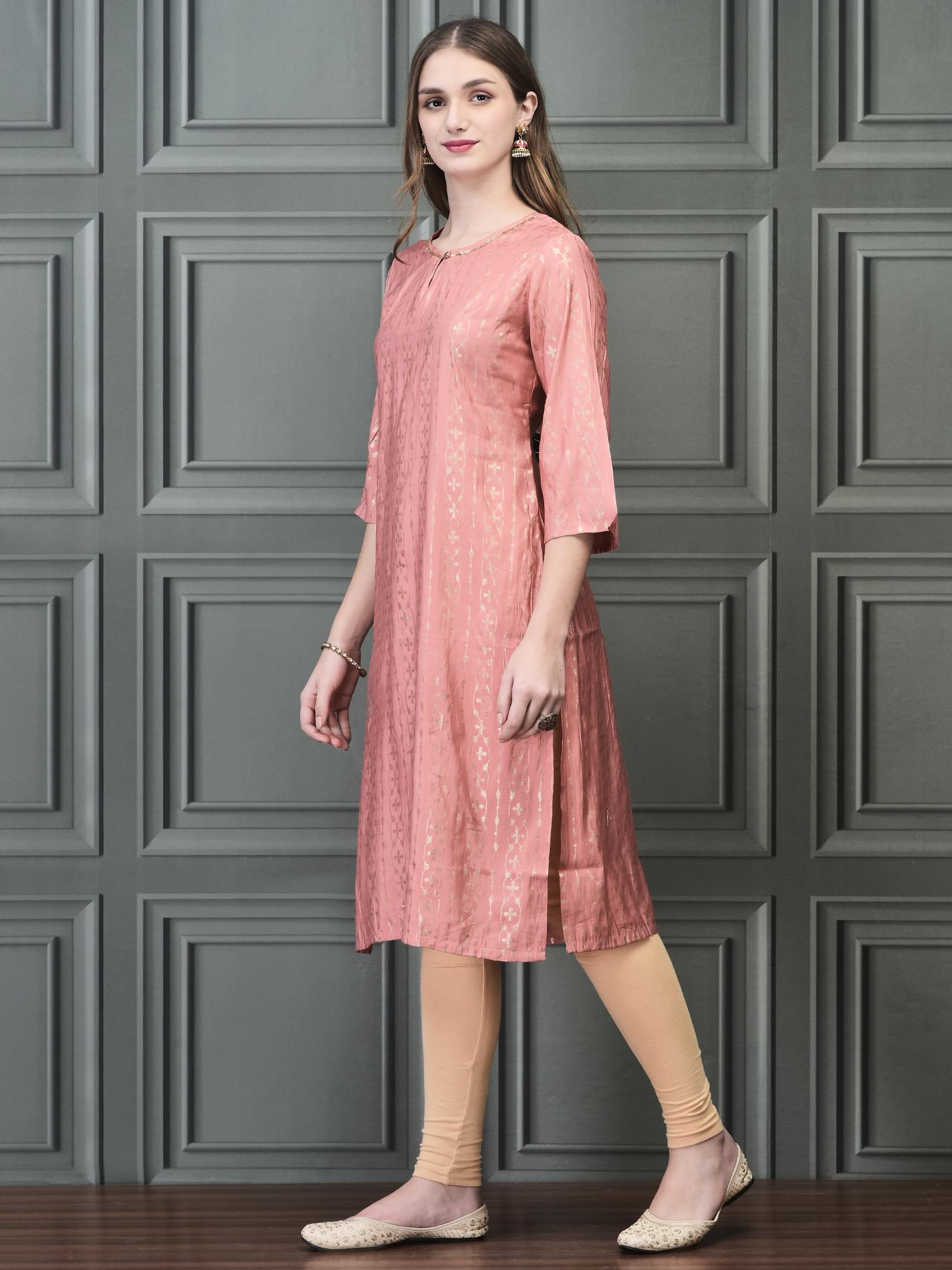 Women Liva Pink Foil Print Kurta.