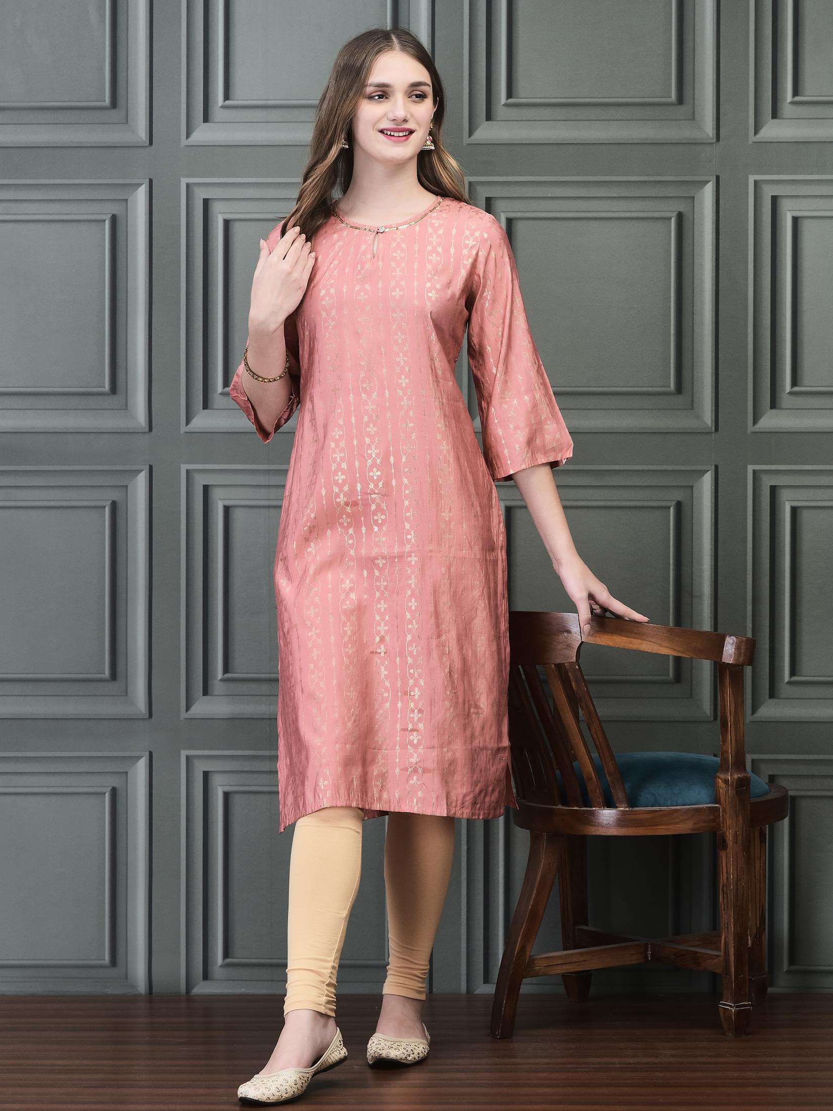 Candy pink fine metallic foil print Liva soft touch straight line lifestyle kurta