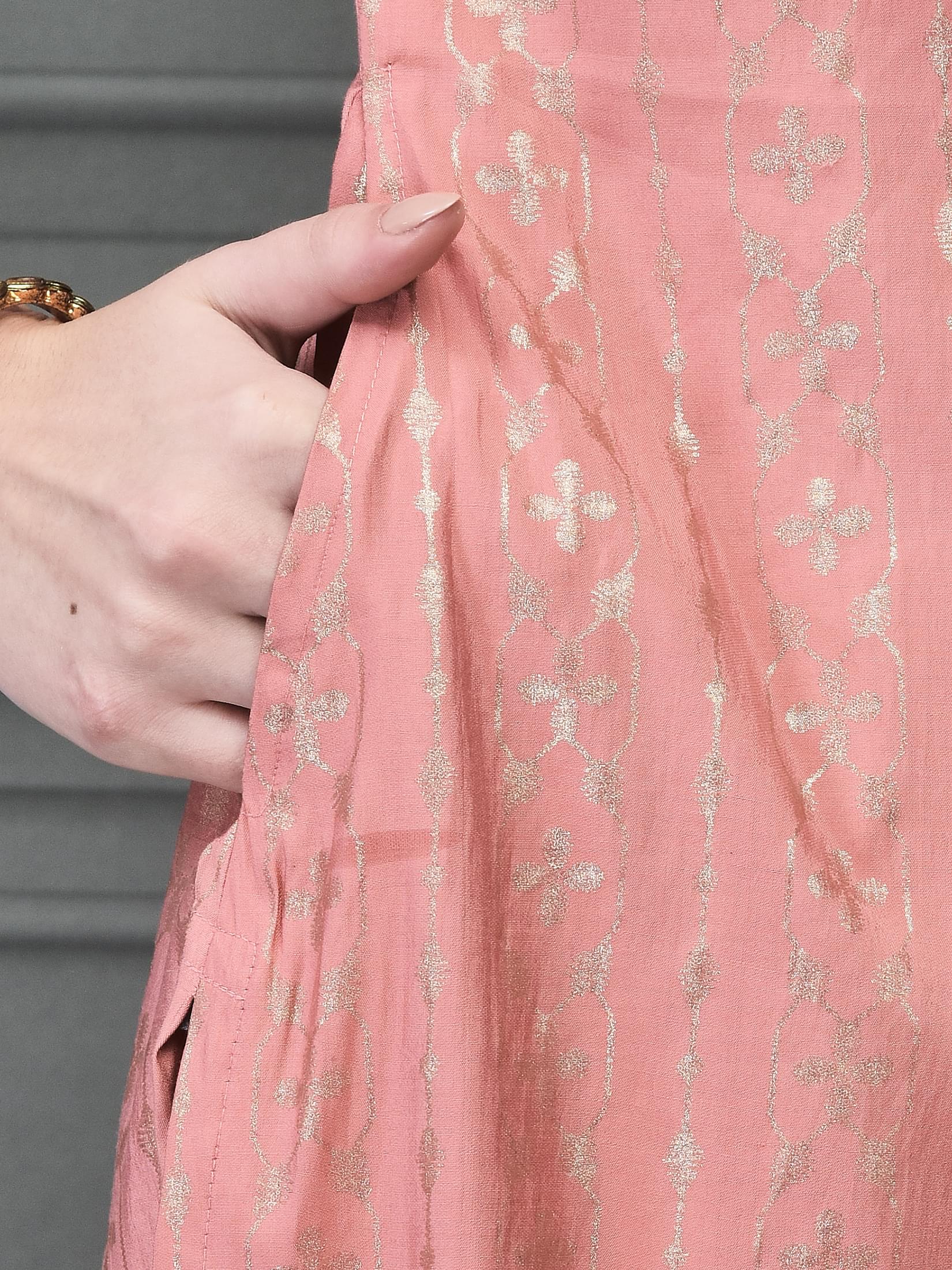Women Liva Pink Foil Print Kurta.