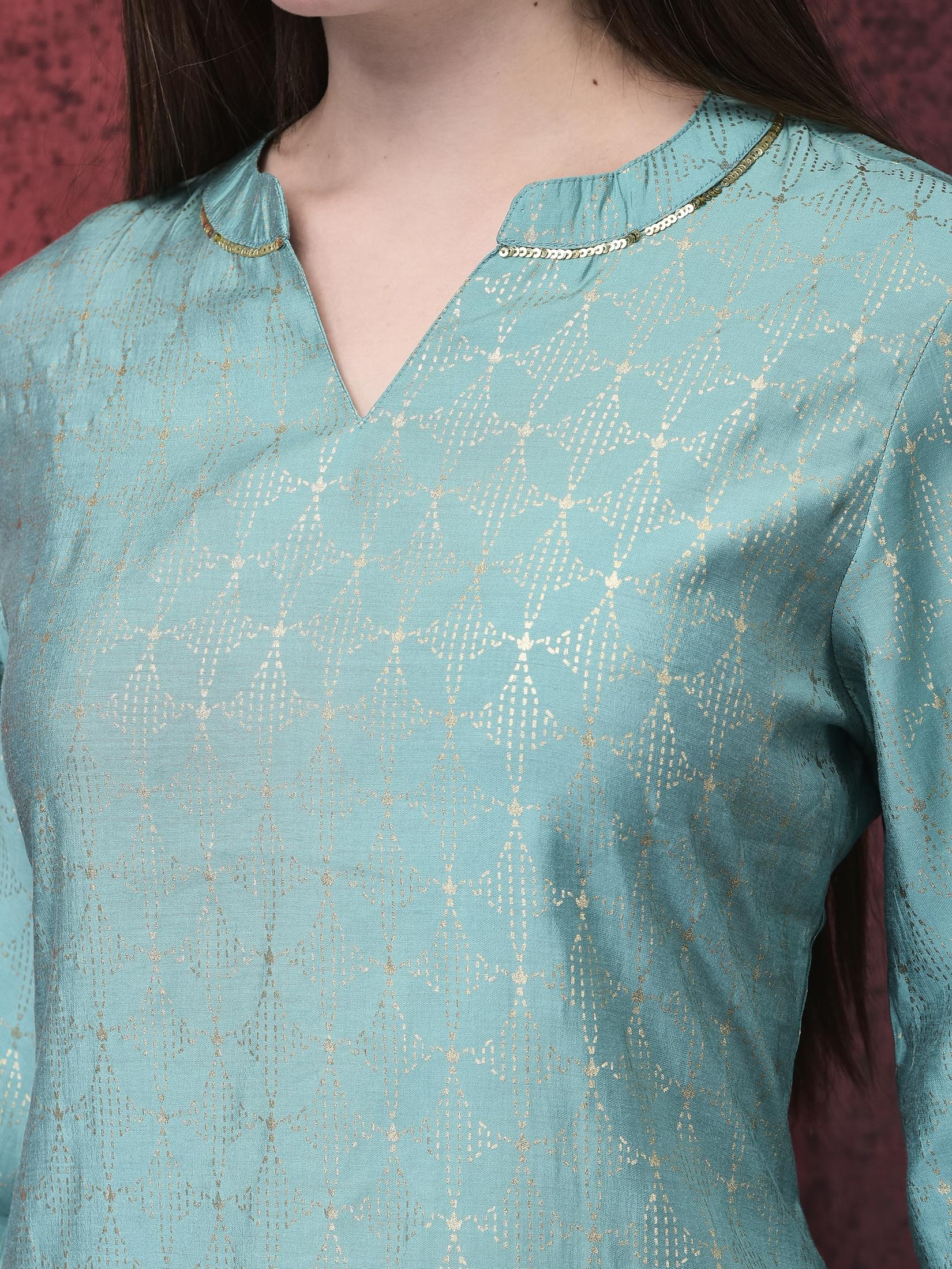 Women Liva Turquoise Blue Foil Print Kurta.