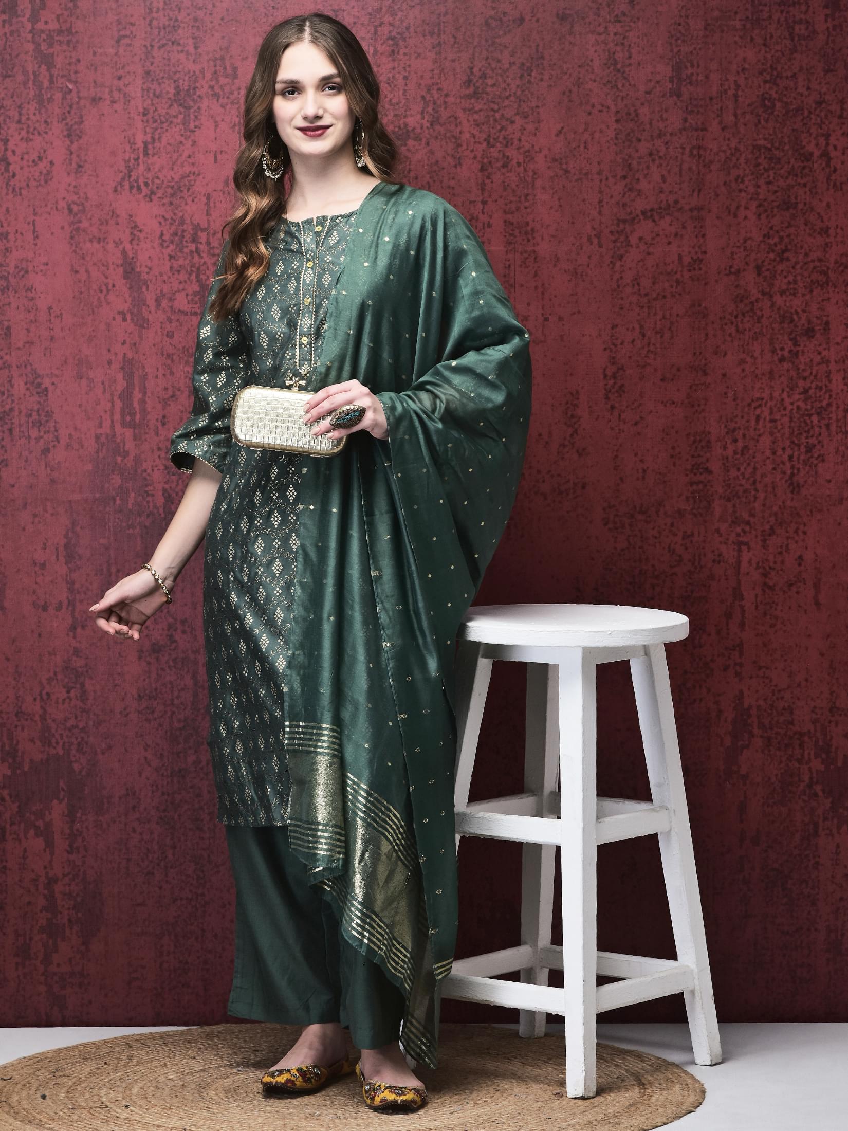 Bright green artistic foil overlay print Liva fabric everyday straight line suit