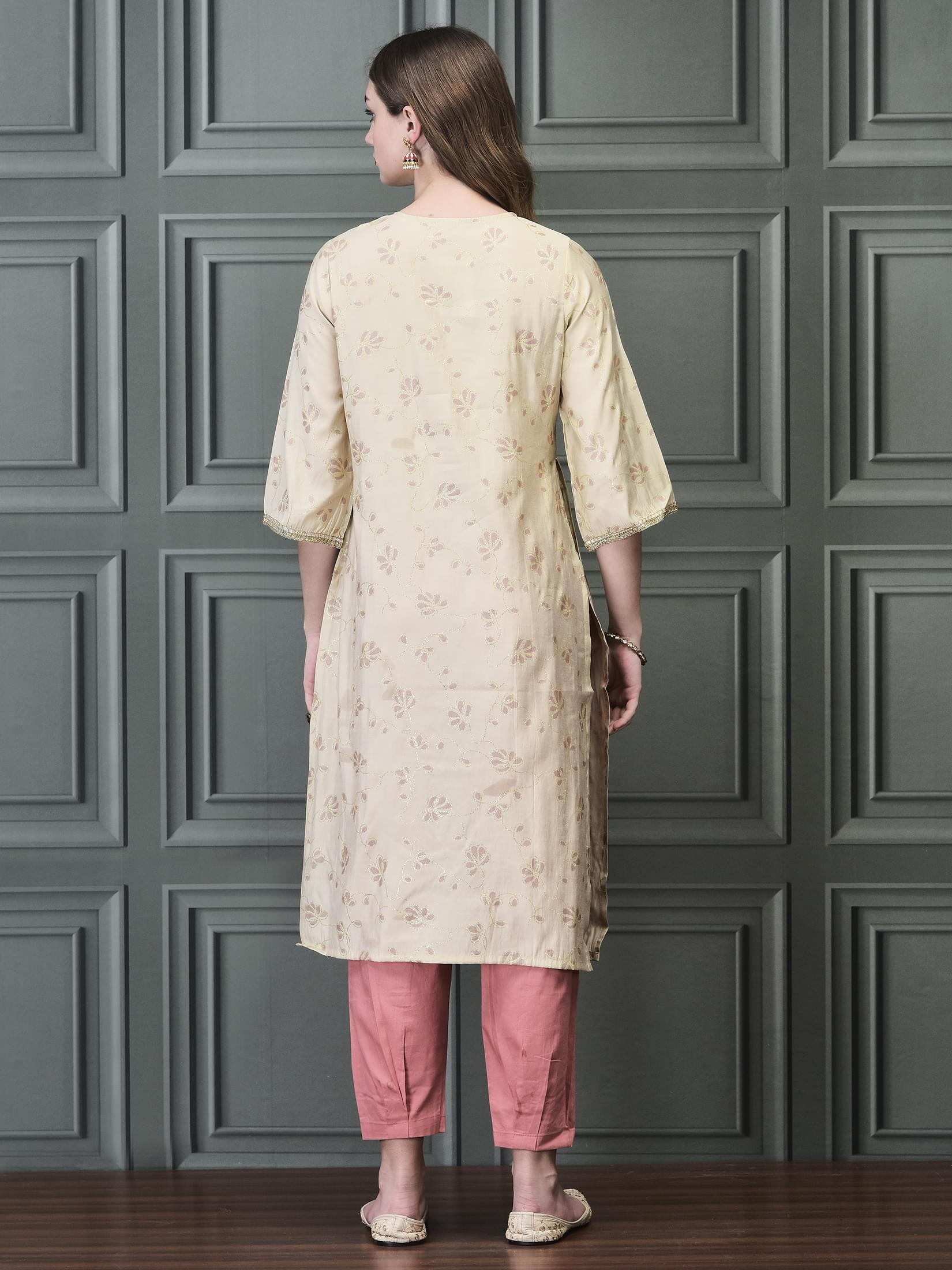 Women Liva Beige Printed Kurta.