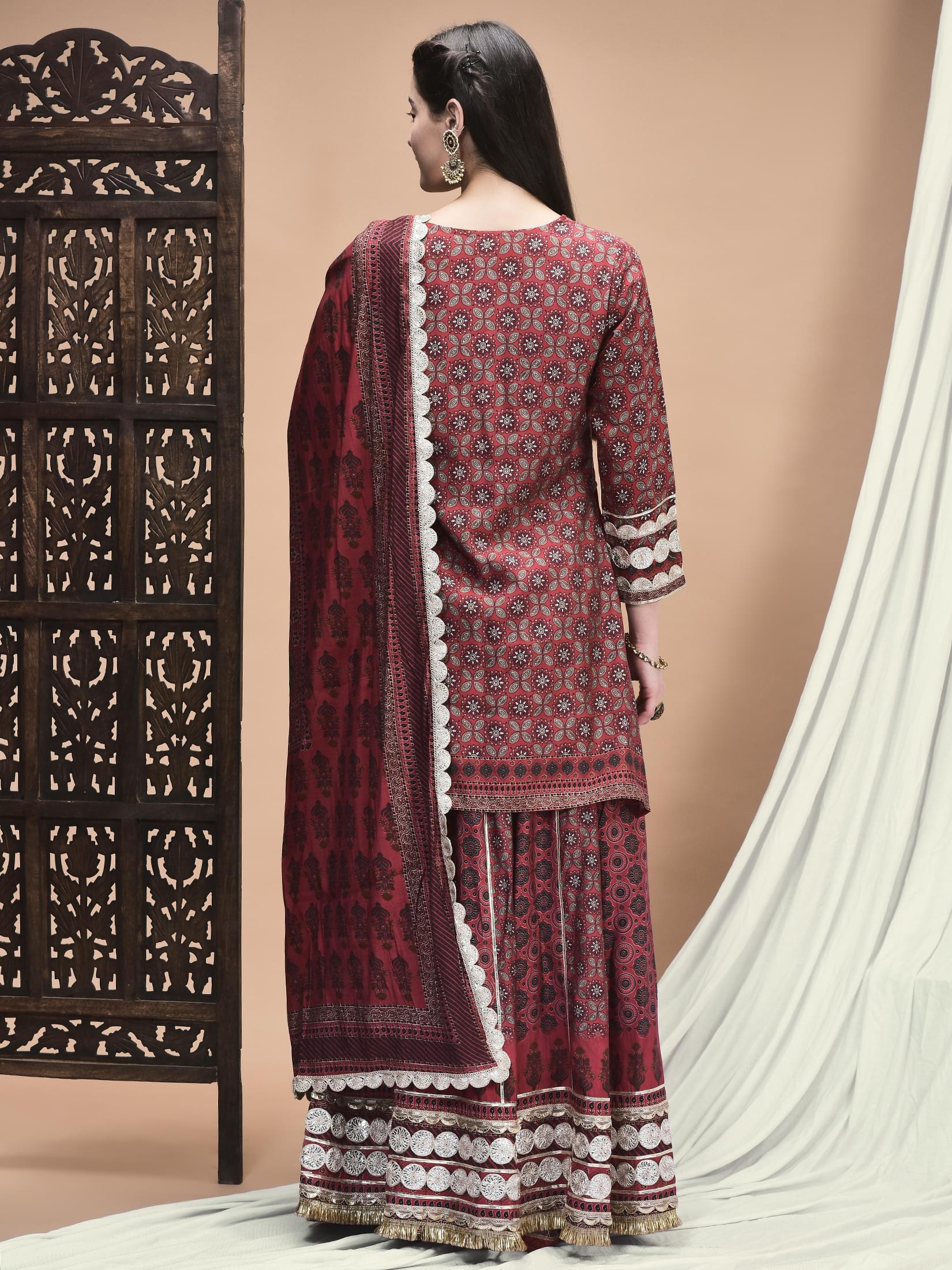 Women Chanderi Maroon Ajrakh Print Kurta Skirt Dupatta.